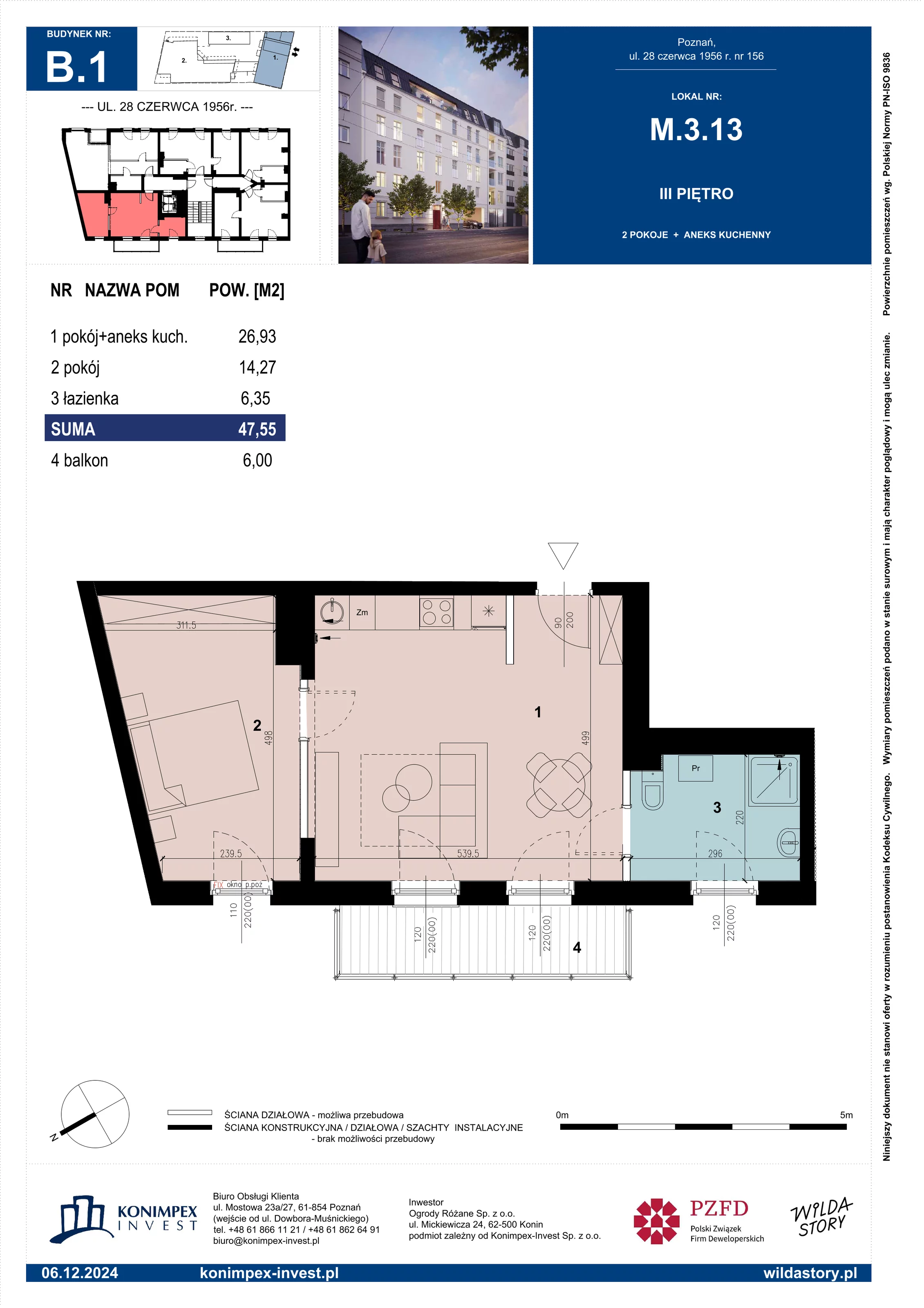 2 pokoje, mieszkanie 47,55 m², piętro 3, oferta nr B1/M/3/13, Wilda Story, Poznań, Wilda, Wilda, ul. 28 Czerwca 1956 r. 156