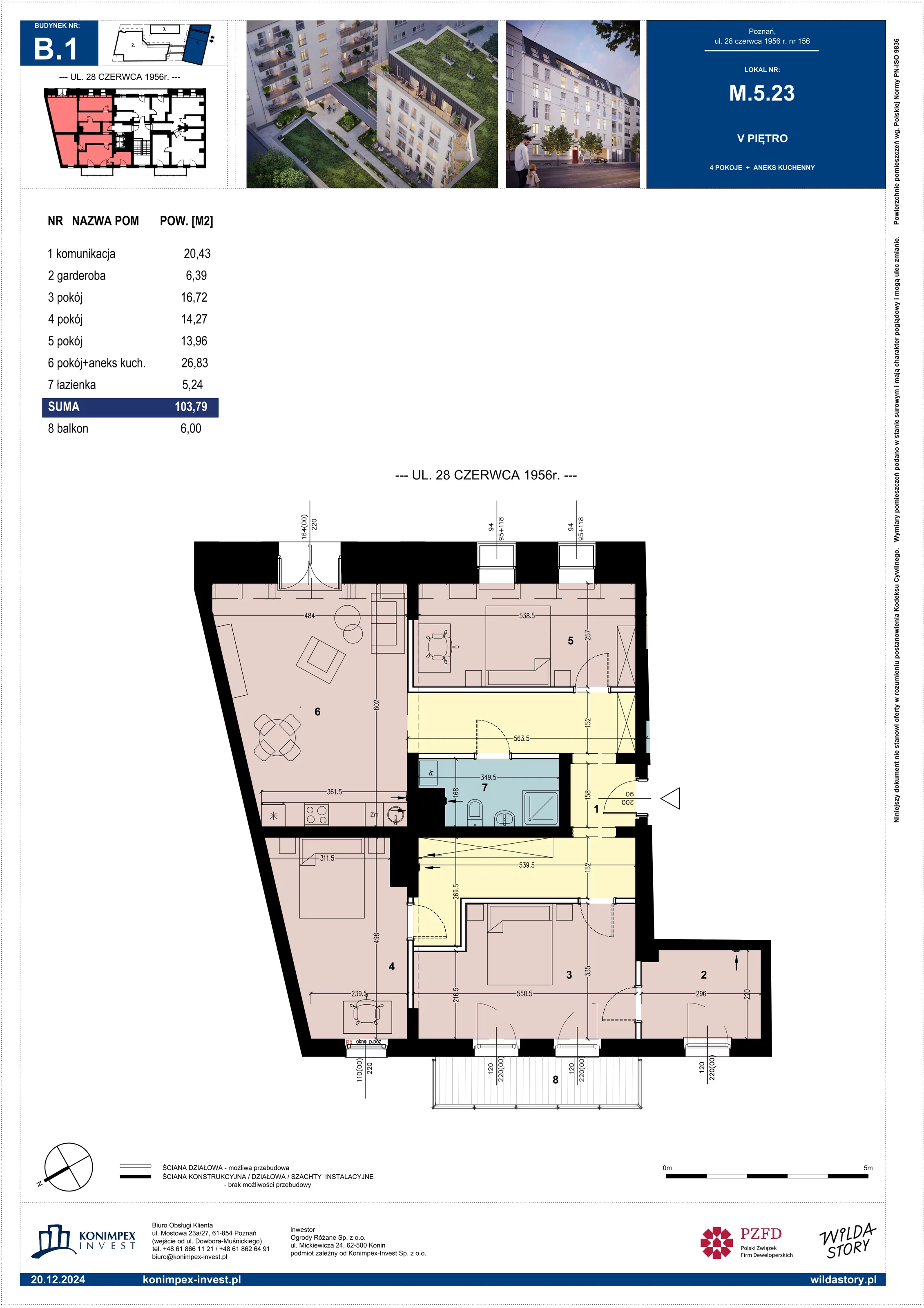 Mieszkanie 103,79 m², piętro 5, oferta nr B1/M/5/23, Wilda Story, Poznań, Wilda, Wilda, ul. 28 Czerwca 1956 r. 156