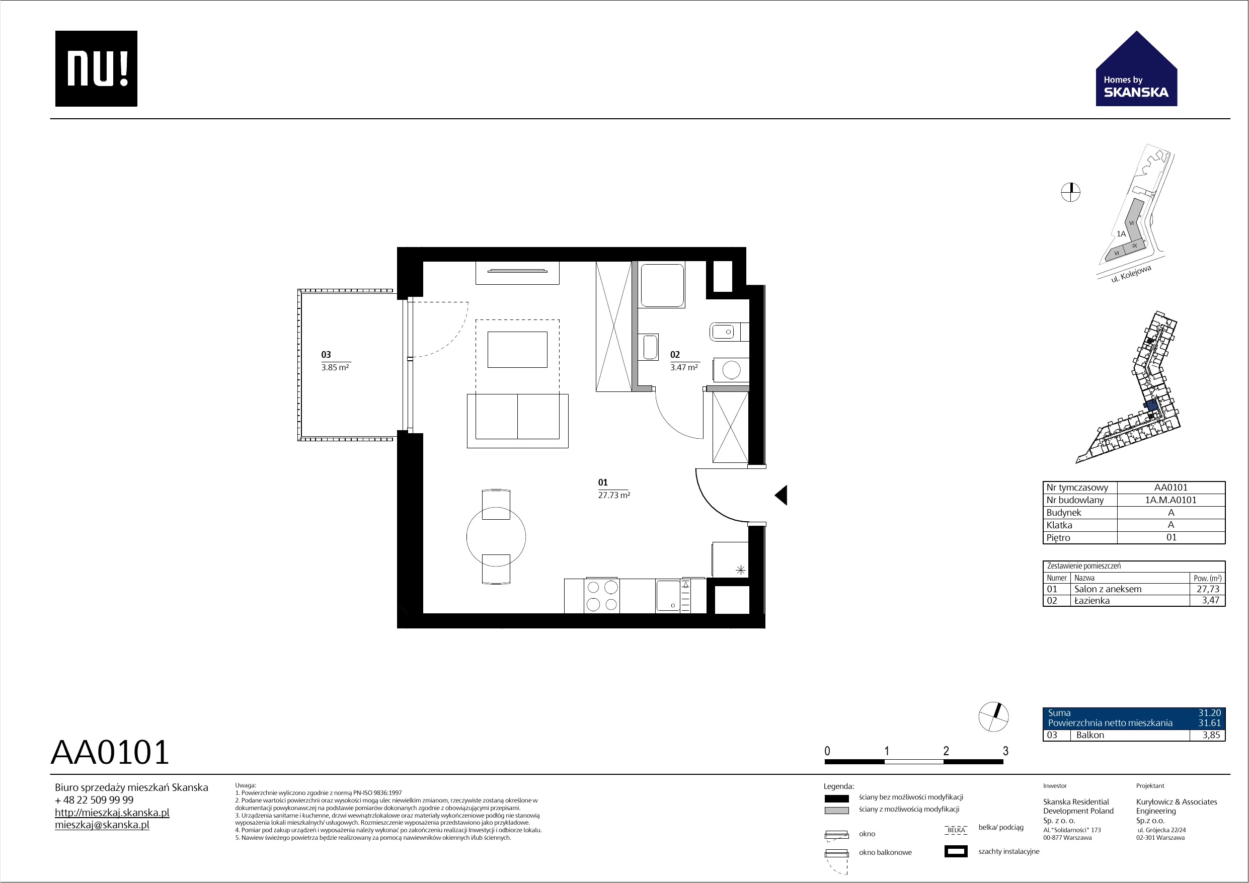Mieszkanie 31,21 m², piętro 1, oferta nr AA0101, NU Warszawa Wola, Warszawa, Wola, Czyste, ul. Kolejowa