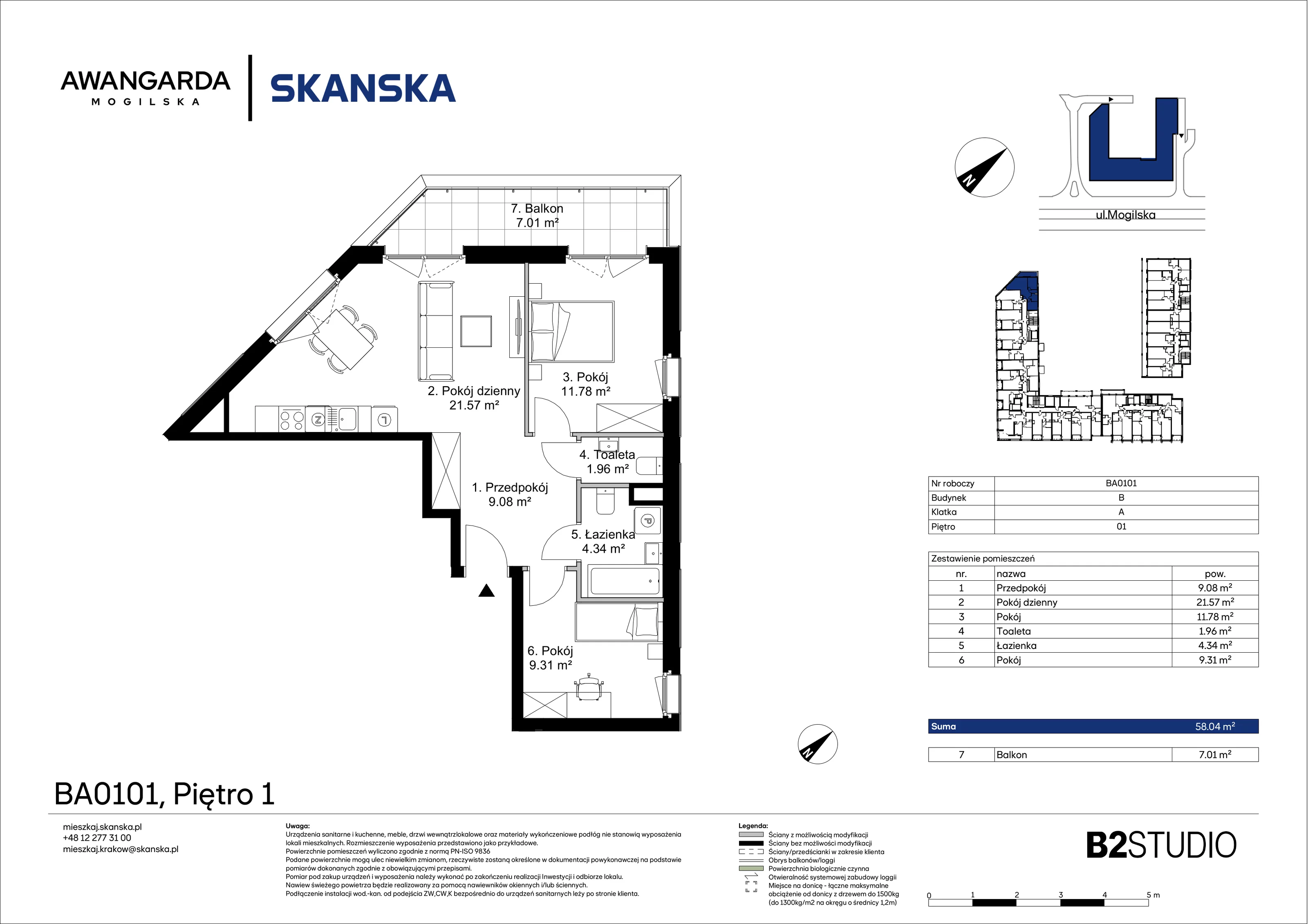 3 pokoje, apartament 58,04 m², piętro 1, oferta nr 1BA0101, Awangarda Mogilska, Kraków, Prądnik Czerwony, Rakowice, ul. Mogilska 126