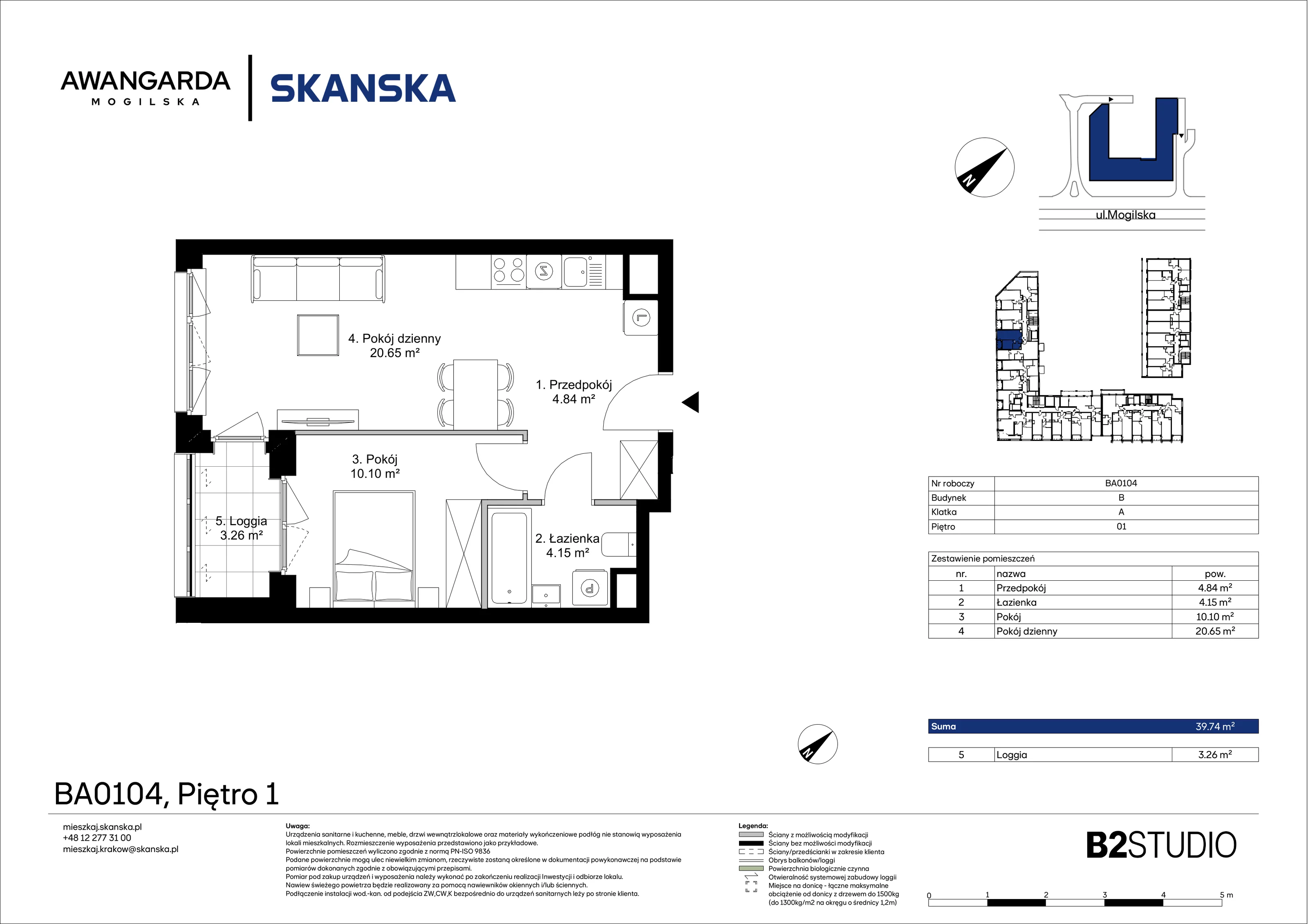 2 pokoje, mieszkanie 39,74 m², piętro 1, oferta nr 1BA0104, Awangarda Mogilska, Kraków, Prądnik Czerwony, Rakowice, ul. Mogilska 126