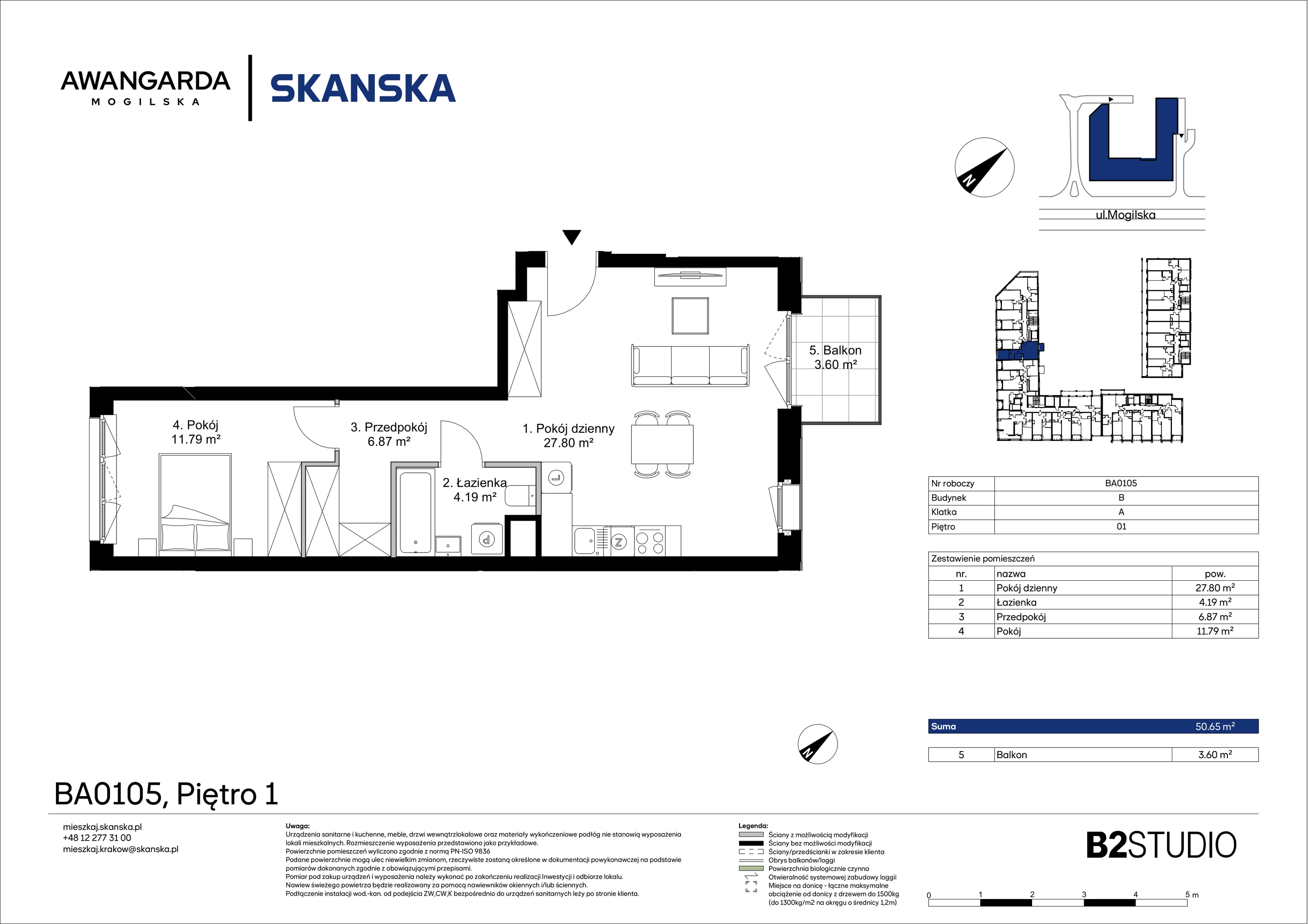 2 pokoje, apartament 50,65 m², piętro 1, oferta nr 1BA0105, Awangarda Mogilska, Kraków, Prądnik Czerwony, Rakowice, ul. Mogilska 126