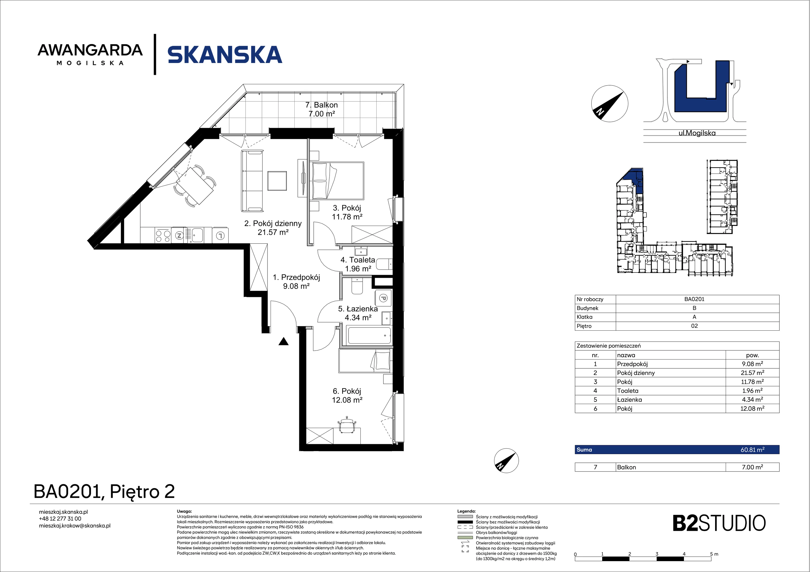 3 pokoje, mieszkanie 60,81 m², piętro 2, oferta nr 1BA0201, Awangarda Mogilska, Kraków, Prądnik Czerwony, Rakowice, ul. Mogilska 126