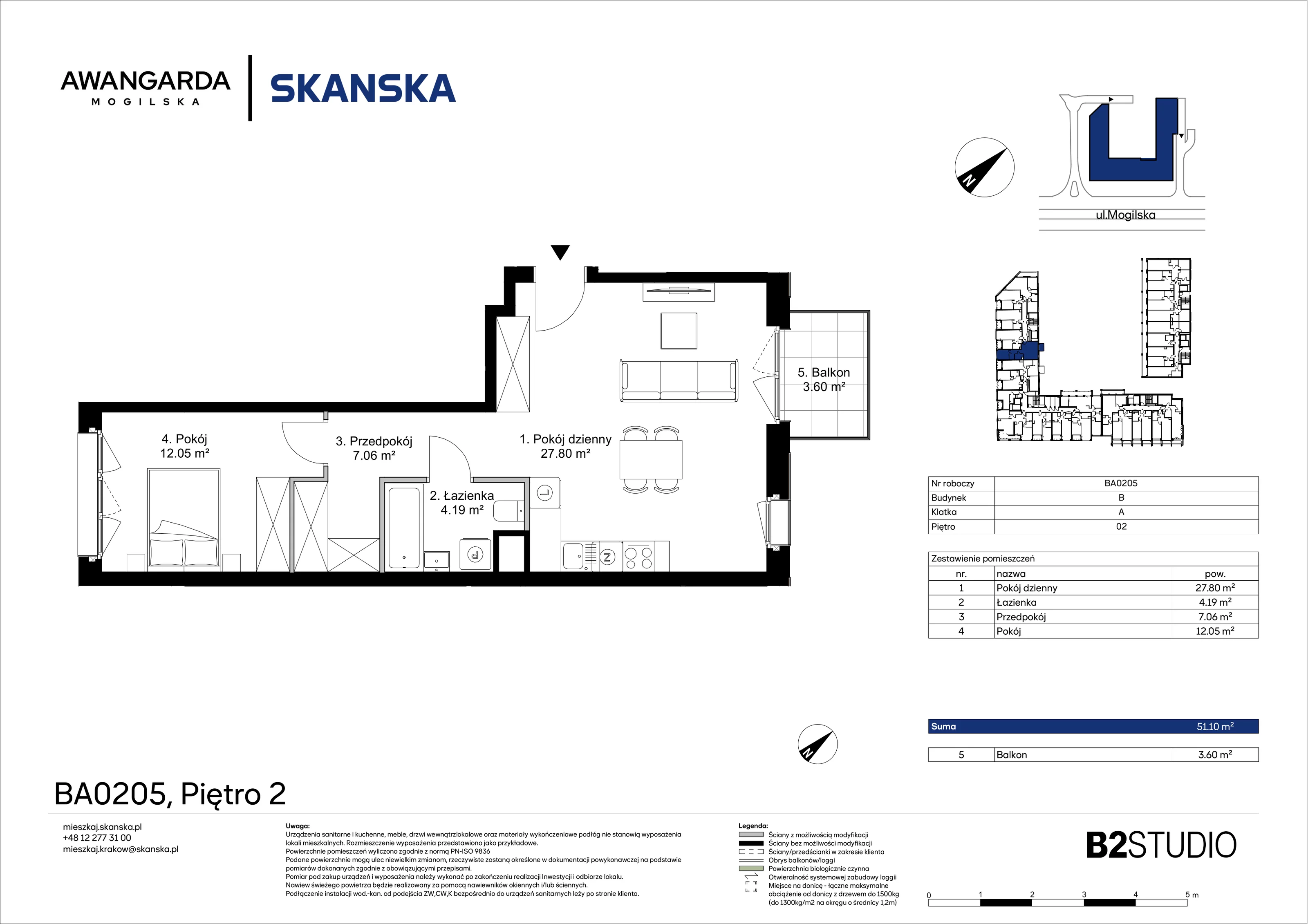 2 pokoje, mieszkanie 51,10 m², piętro 2, oferta nr 1BA0205, Awangarda Mogilska, Kraków, Prądnik Czerwony, Rakowice, ul. Mogilska 126