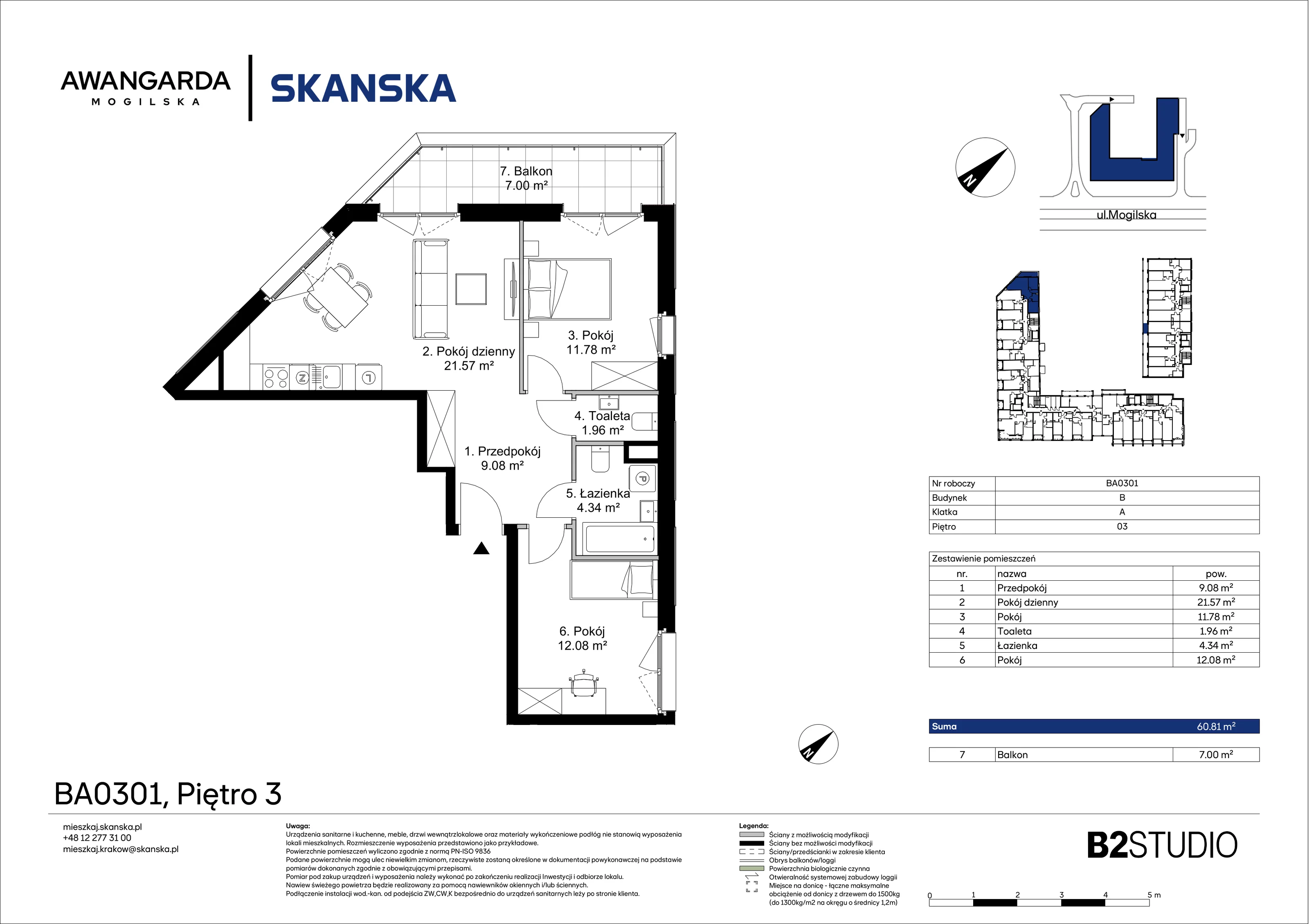 3 pokoje, mieszkanie 60,81 m², piętro 3, oferta nr 1BA0301, Awangarda Mogilska, Kraków, Prądnik Czerwony, Rakowice, ul. Mogilska 126