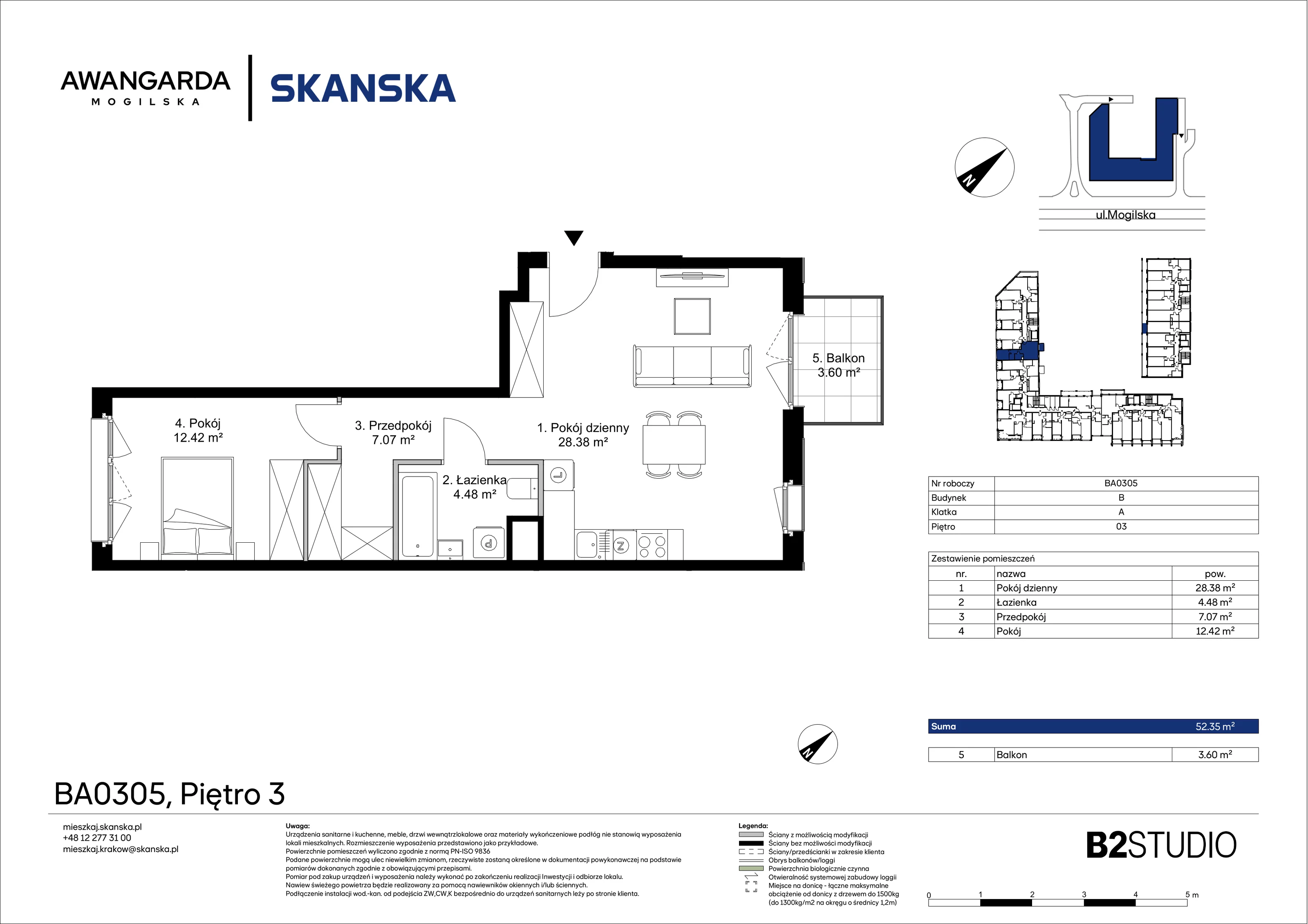 2 pokoje, mieszkanie 52,35 m², piętro 3, oferta nr 1BA0305, Awangarda Mogilska, Kraków, Prądnik Czerwony, Rakowice, ul. Mogilska 126