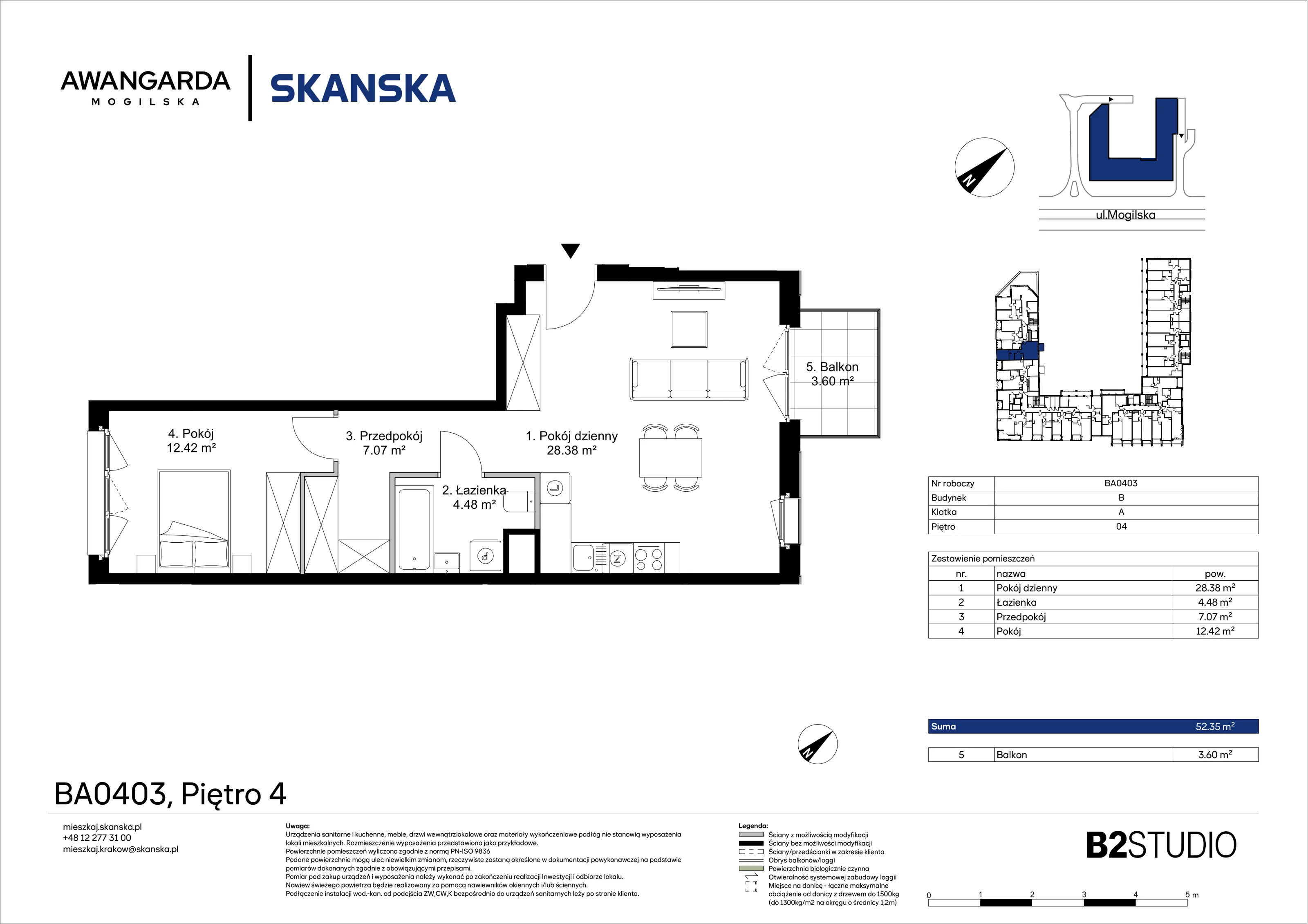 2 pokoje, mieszkanie 52,35 m², piętro 4, oferta nr 1BA0403, Awangarda Mogilska, Kraków, Prądnik Czerwony, Rakowice, ul. Mogilska 126