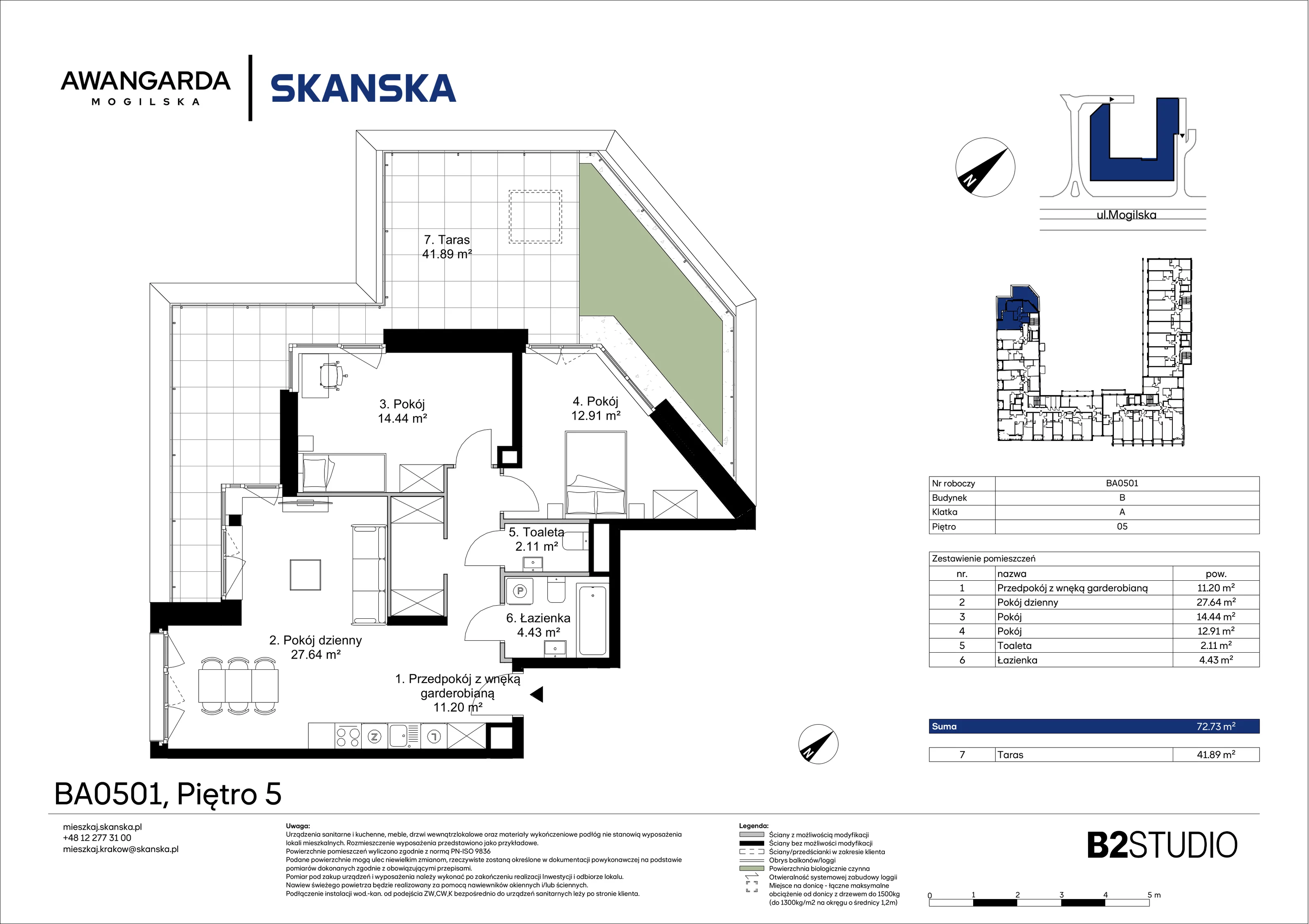 3 pokoje, mieszkanie 72,73 m², piętro 5, oferta nr 1BA0501, Awangarda Mogilska, Kraków, Prądnik Czerwony, Rakowice, ul. Mogilska 126