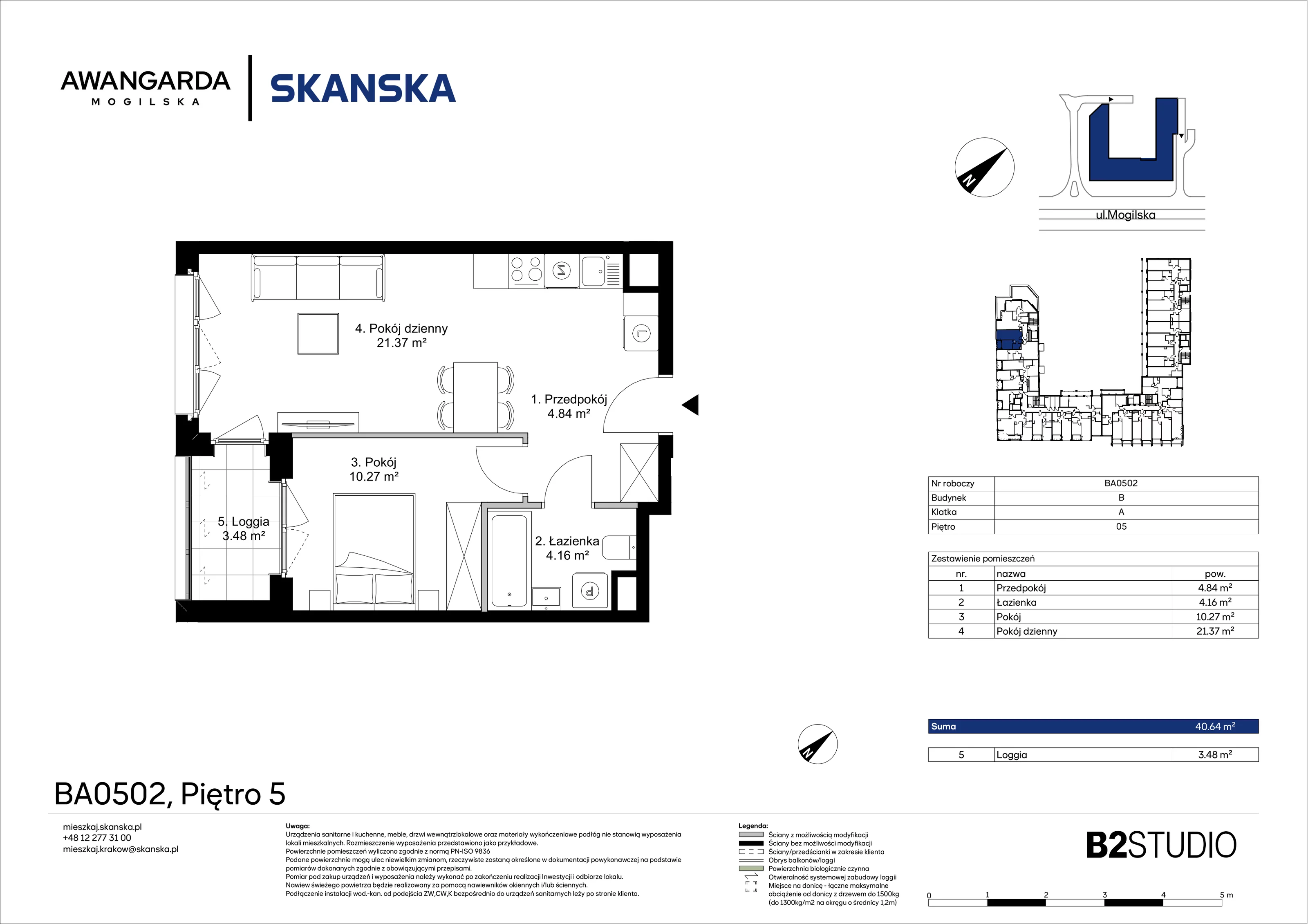 2 pokoje, mieszkanie 40,64 m², piętro 5, oferta nr 1BA0502, Awangarda Mogilska, Kraków, Prądnik Czerwony, Rakowice, ul. Mogilska 126