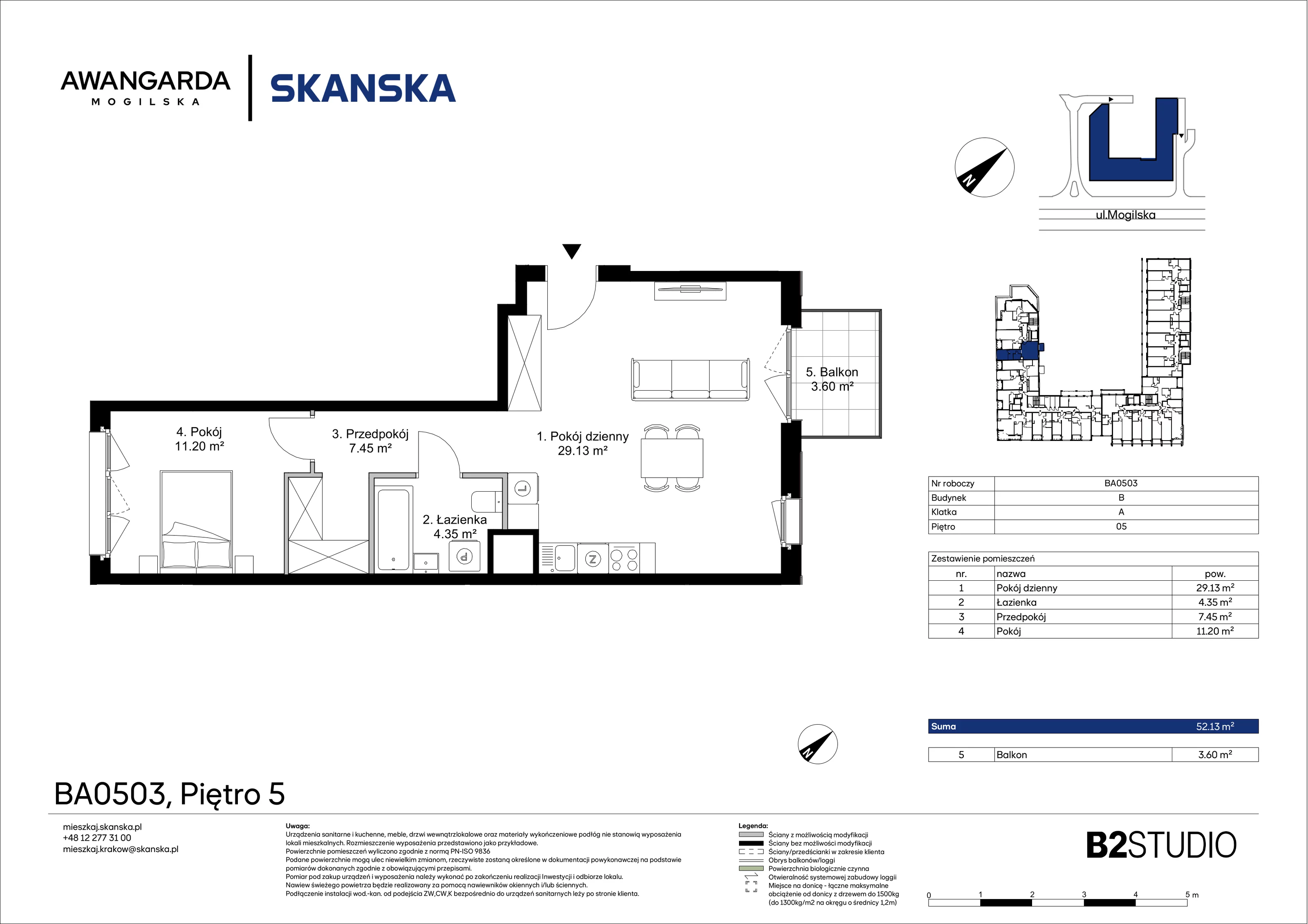 2 pokoje, mieszkanie 52,13 m², piętro 5, oferta nr 1BA0503, Awangarda Mogilska, Kraków, Prądnik Czerwony, Rakowice, ul. Mogilska 126