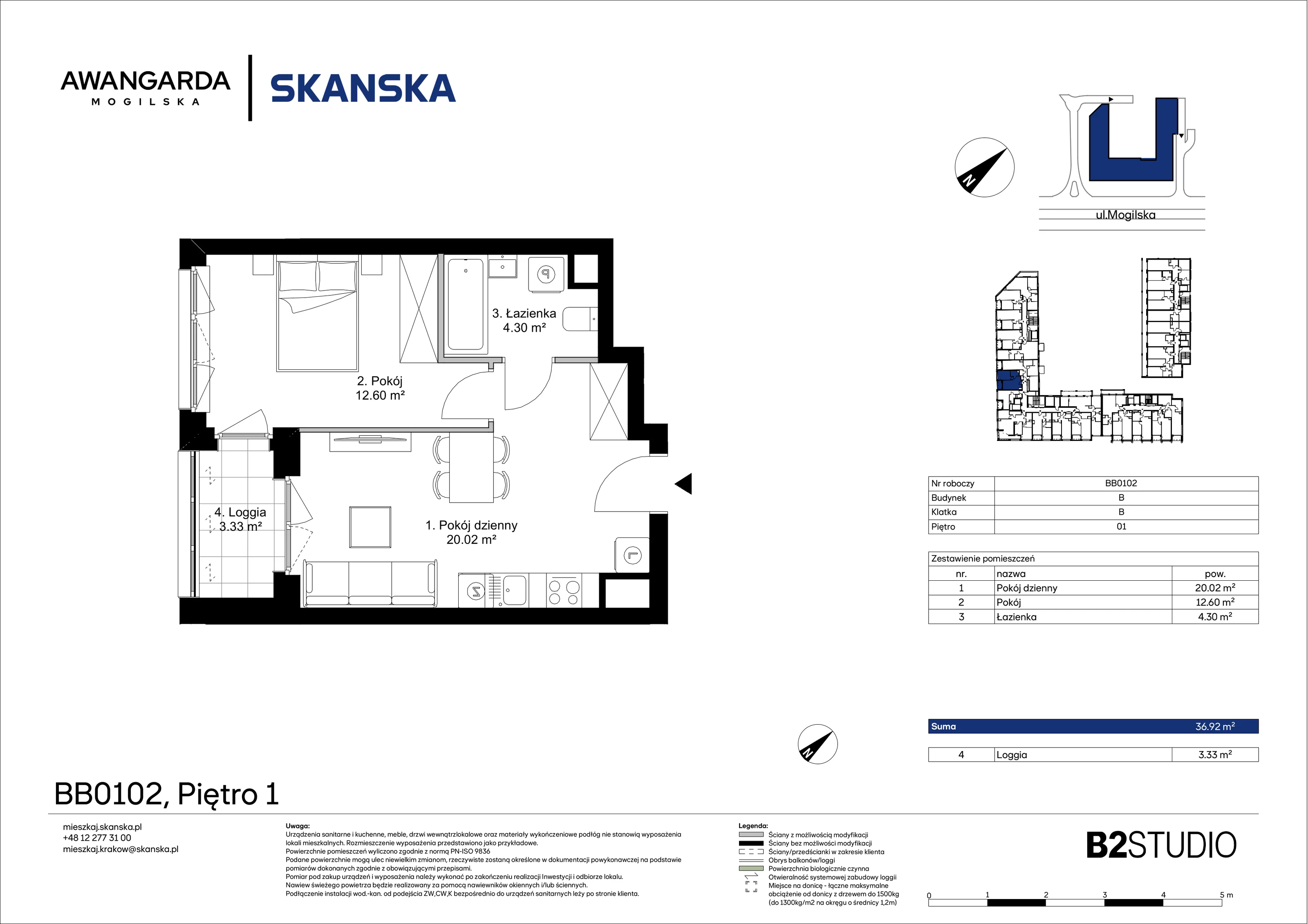 2 pokoje, apartament 36,92 m², piętro 1, oferta nr 1BB0102, Awangarda Mogilska, Kraków, Prądnik Czerwony, Rakowice, ul. Mogilska 126