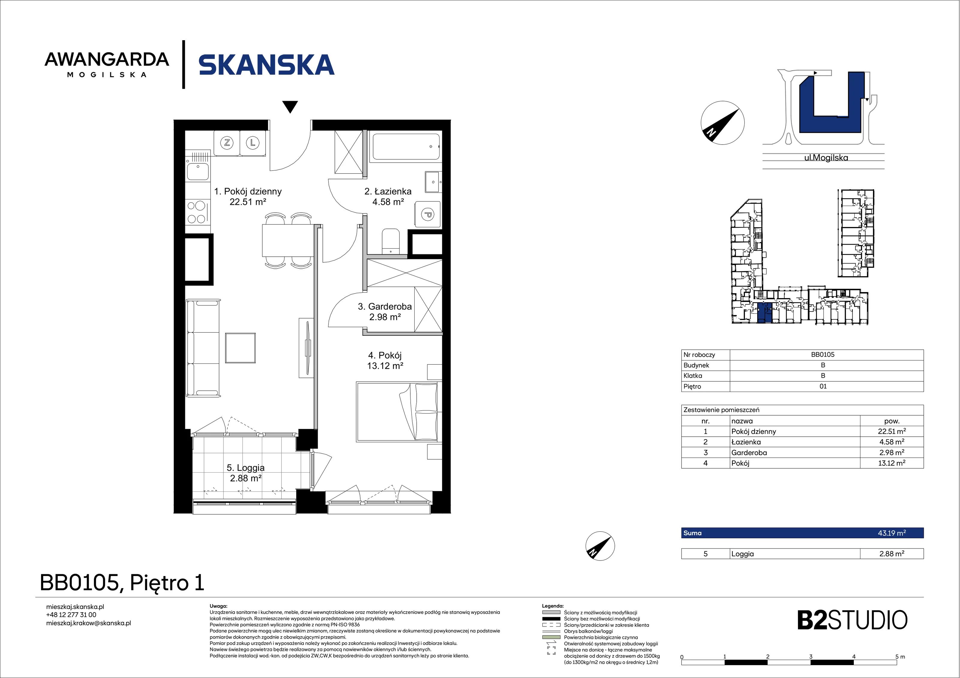 2 pokoje, apartament 43,19 m², piętro 1, oferta nr 1BB0105, Awangarda Mogilska, Kraków, Prądnik Czerwony, Rakowice, ul. Mogilska 126