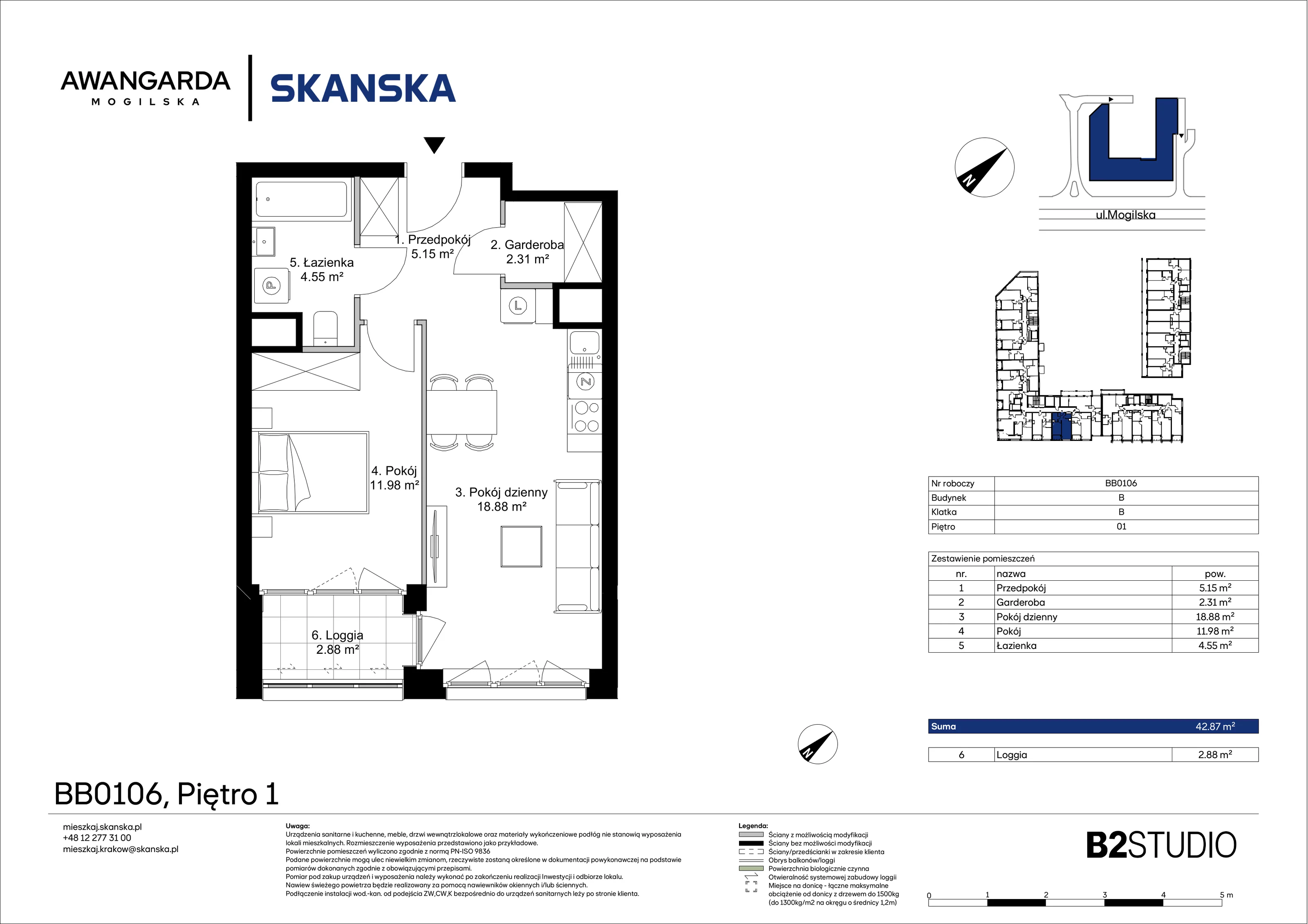 2 pokoje, mieszkanie 42,87 m², piętro 1, oferta nr 1BB0106, Awangarda Mogilska, Kraków, Prądnik Czerwony, Rakowice, ul. Mogilska 126