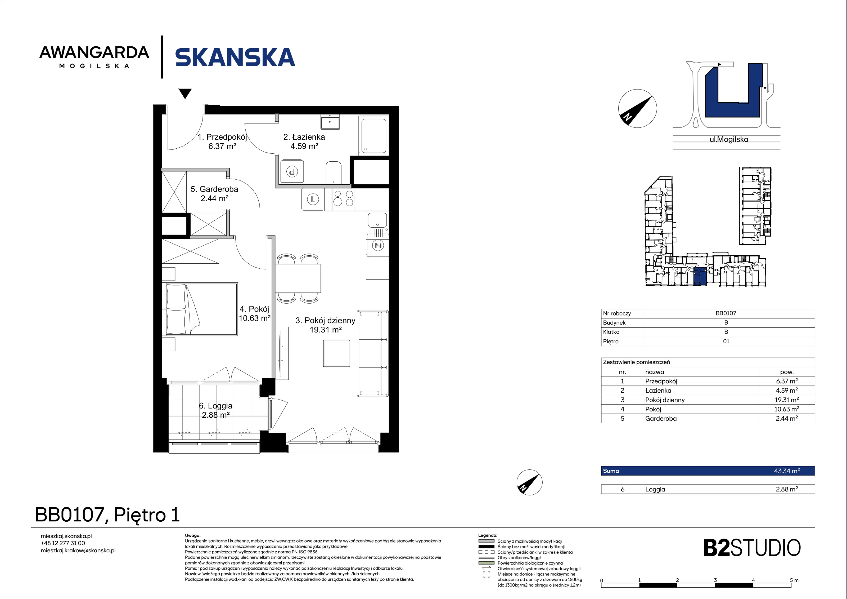 2 pokoje, mieszkanie 43,34 m², piętro 1, oferta nr 1BB0107, Awangarda Mogilska, Kraków, Prądnik Czerwony, Rakowice, ul. Mogilska 126