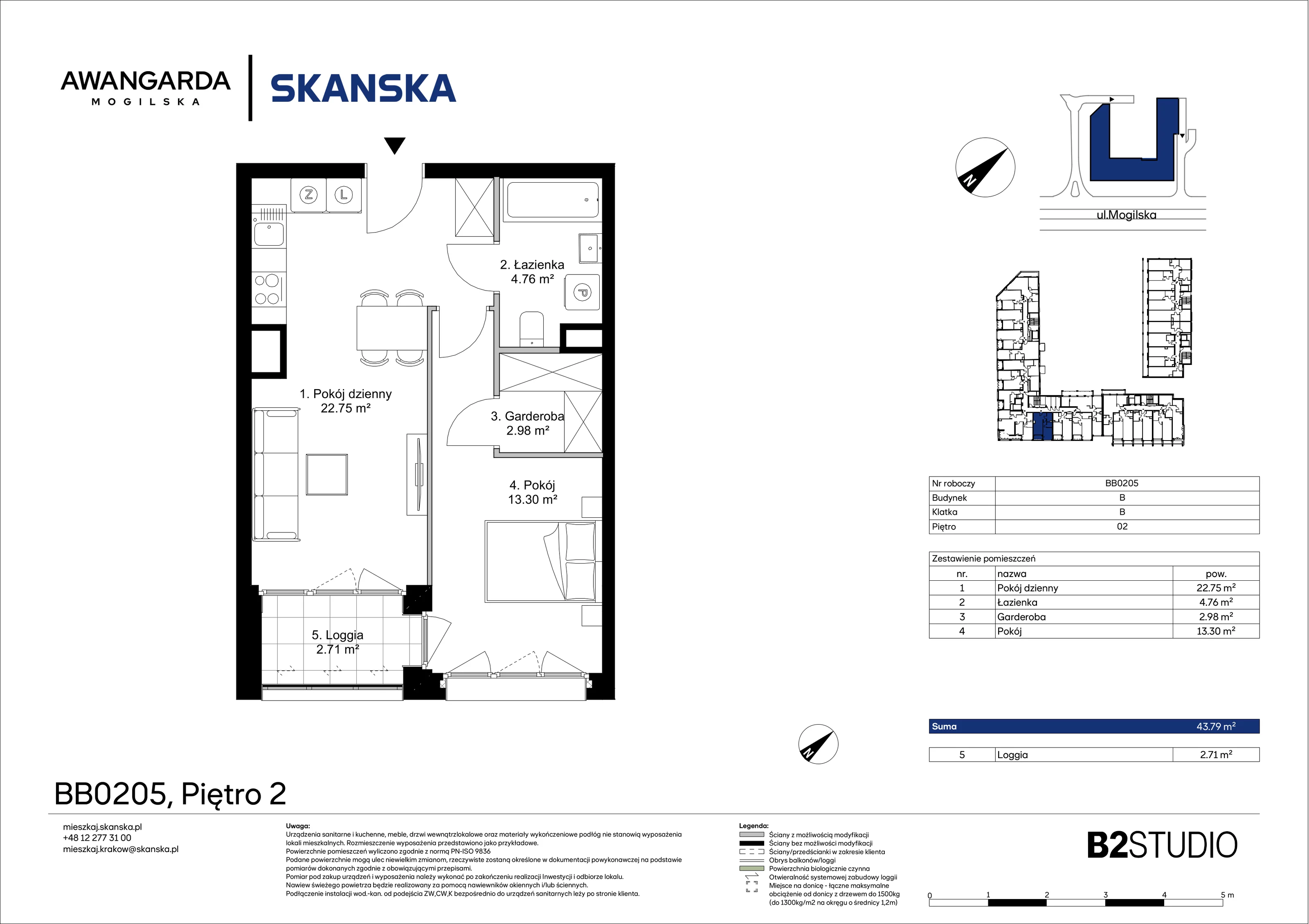 2 pokoje, mieszkanie 43,79 m², piętro 2, oferta nr 1BB0205, Awangarda Mogilska, Kraków, Prądnik Czerwony, Rakowice, ul. Mogilska 126