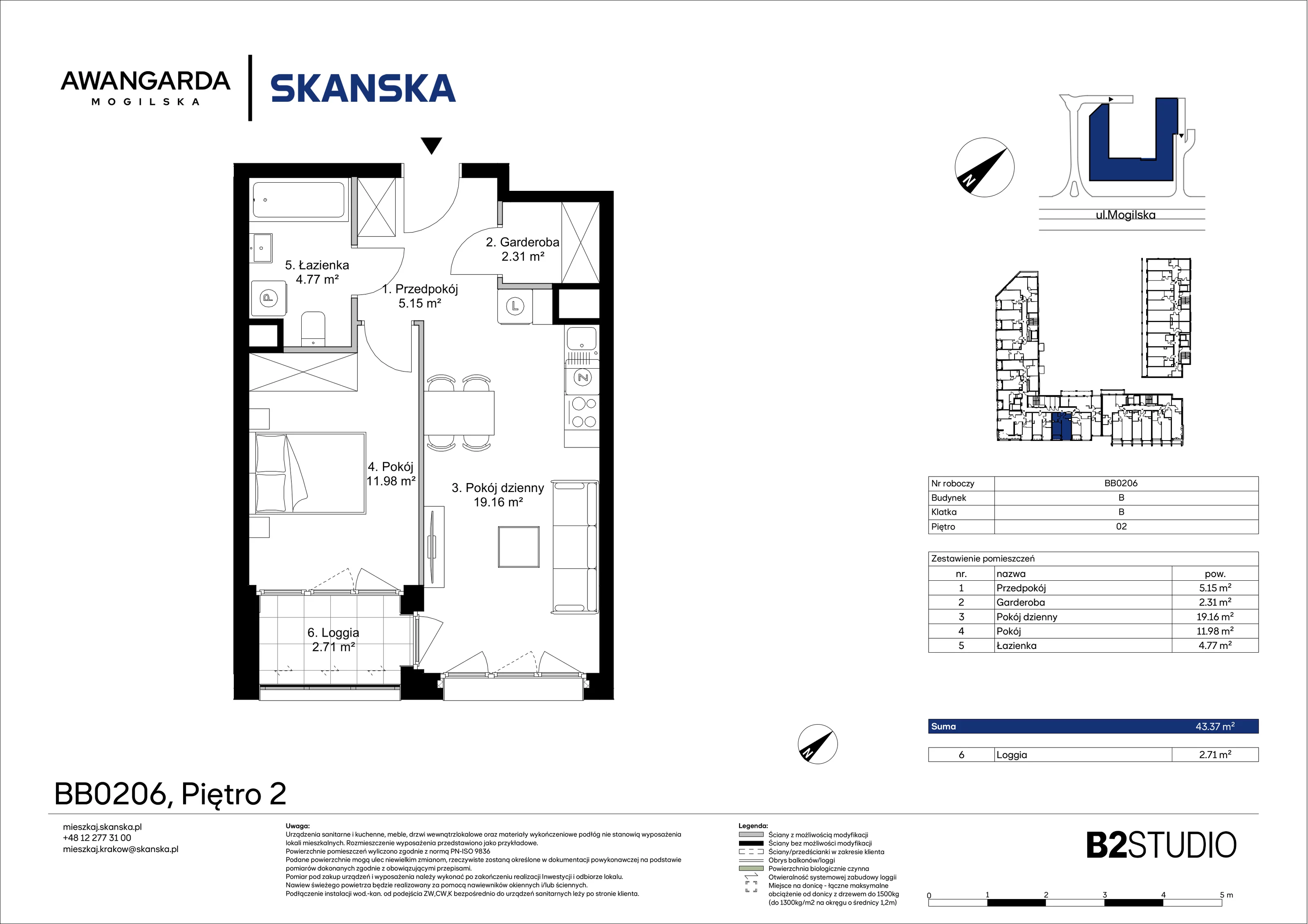 2 pokoje, mieszkanie 43,37 m², piętro 2, oferta nr 1BB0206, Awangarda Mogilska, Kraków, Prądnik Czerwony, Rakowice, ul. Mogilska 126