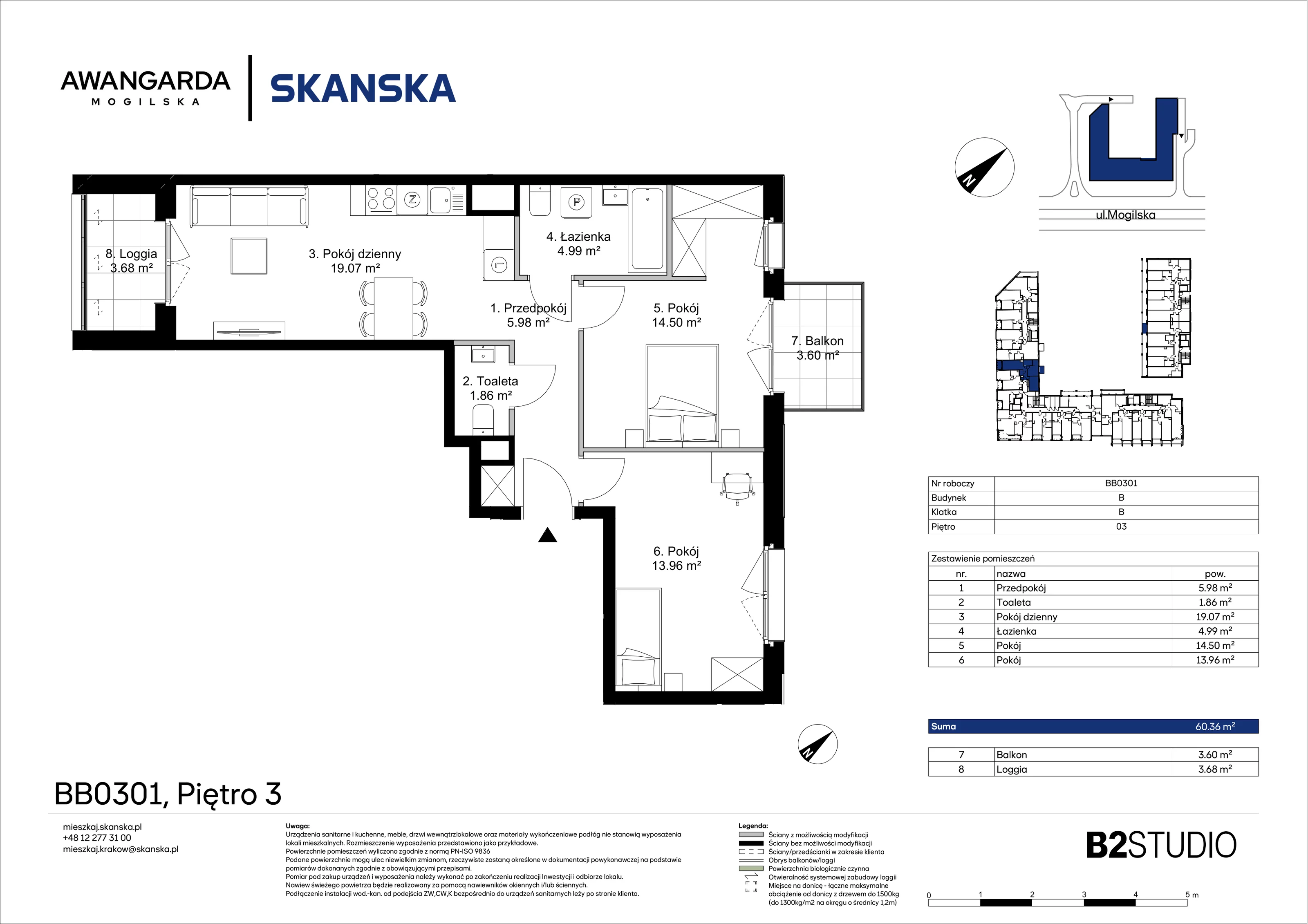 3 pokoje, mieszkanie 60,36 m², piętro 3, oferta nr 1BB0301, Awangarda Mogilska, Kraków, Prądnik Czerwony, Rakowice, ul. Mogilska 126