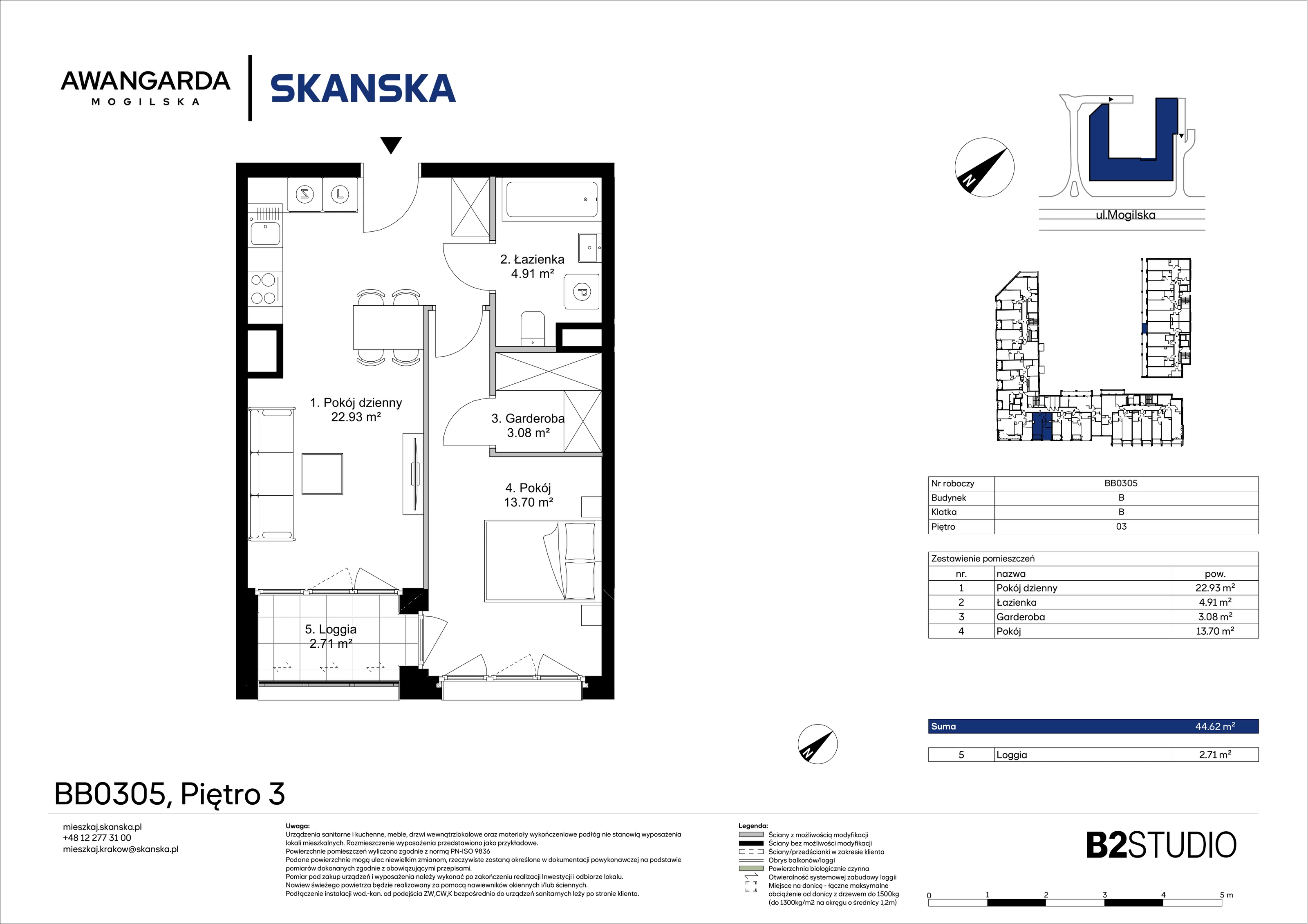 2 pokoje, mieszkanie 44,62 m², piętro 3, oferta nr 1BB0305, Awangarda Mogilska, Kraków, Prądnik Czerwony, Rakowice, ul. Mogilska 126