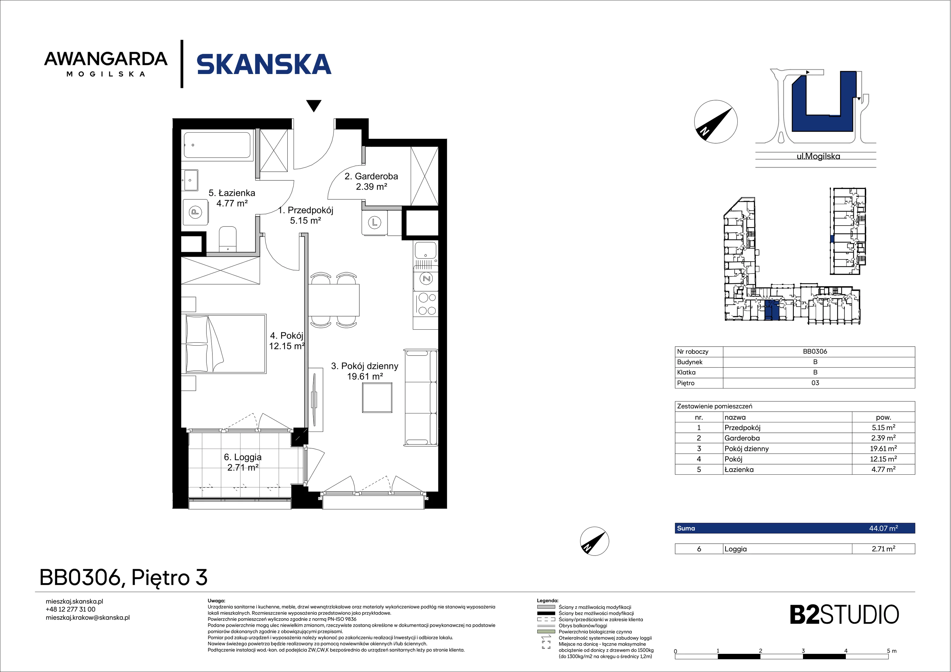 2 pokoje, apartament 44,07 m², piętro 3, oferta nr 1BB0306, Awangarda Mogilska, Kraków, Prądnik Czerwony, Rakowice, ul. Mogilska 126