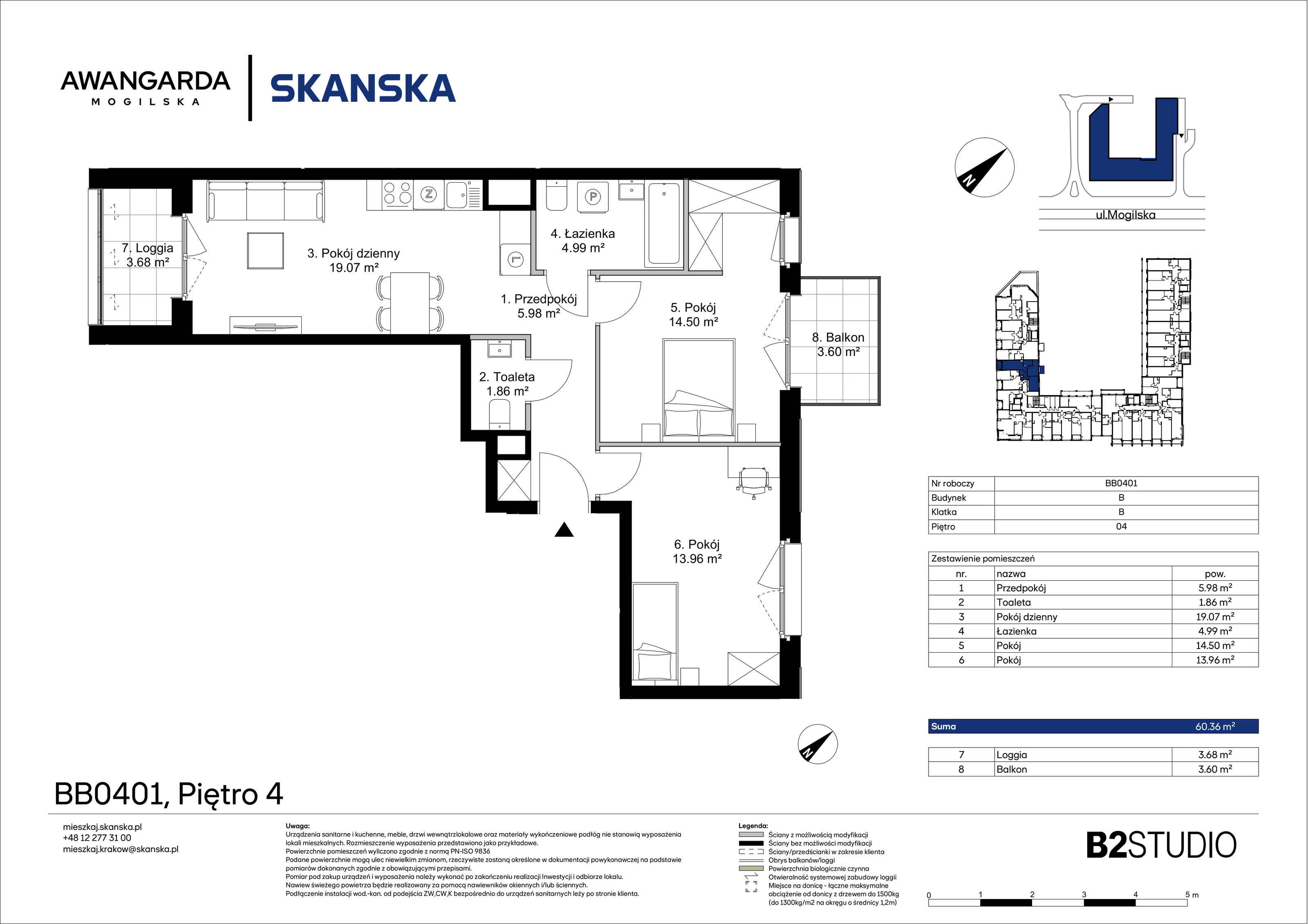 3 pokoje, mieszkanie 60,36 m², piętro 4, oferta nr 1BB0401, Awangarda Mogilska, Kraków, Prądnik Czerwony, Rakowice, ul. Mogilska 126