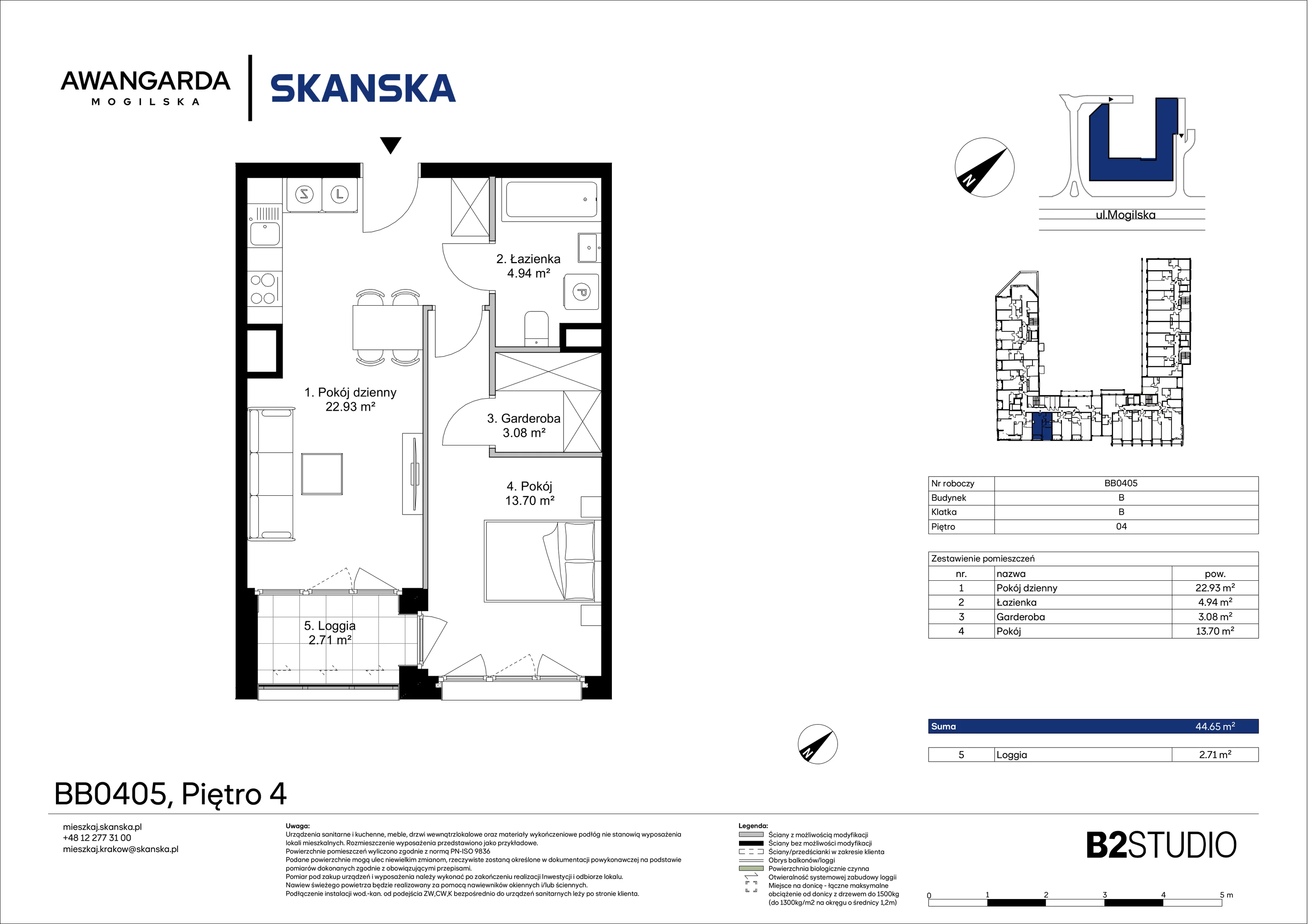 2 pokoje, mieszkanie 44,65 m², piętro 4, oferta nr 1BB0405, Awangarda Mogilska, Kraków, Prądnik Czerwony, Rakowice, ul. Mogilska 126