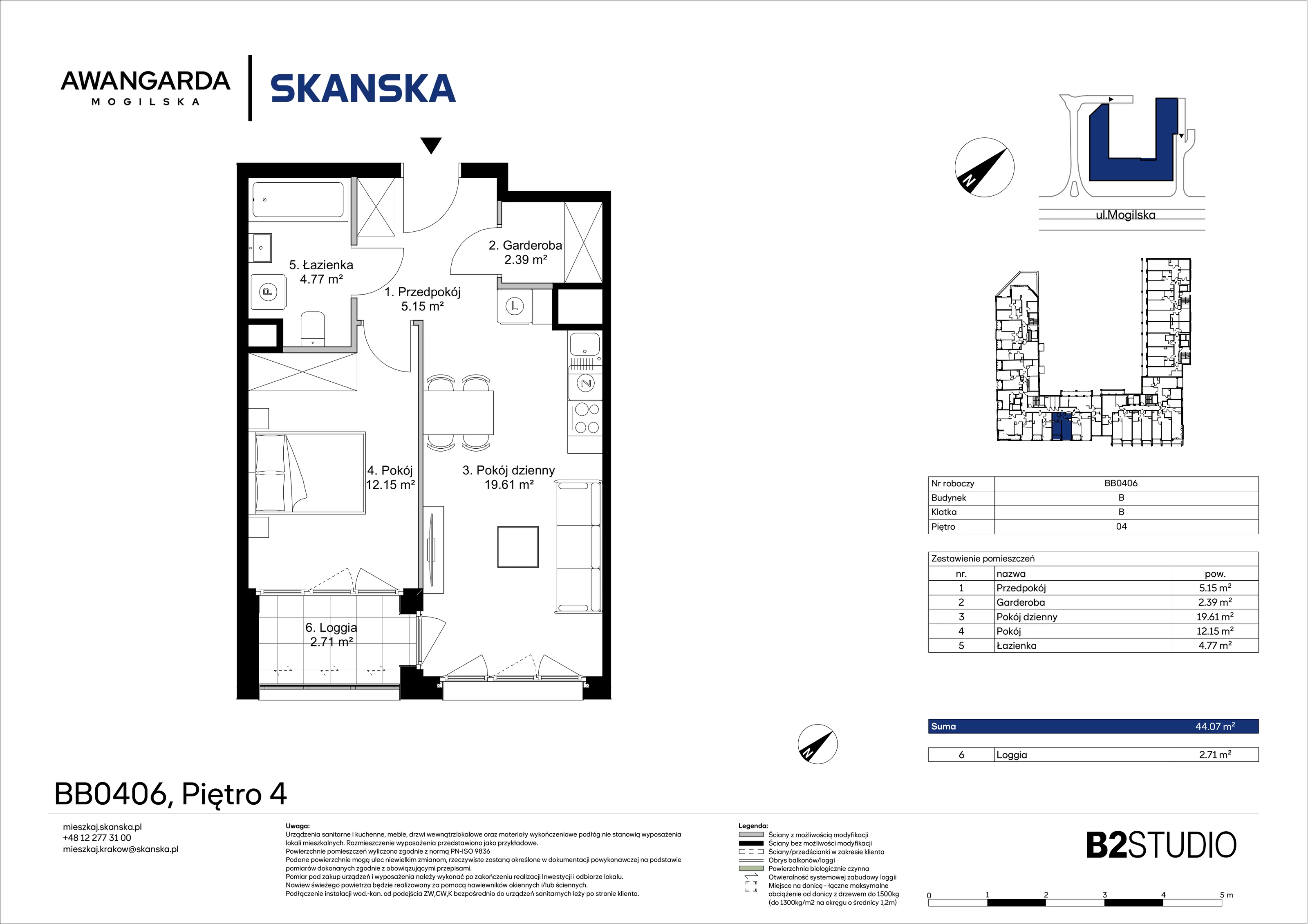 2 pokoje, mieszkanie 44,07 m², piętro 4, oferta nr 1BB0406, Awangarda Mogilska, Kraków, Prądnik Czerwony, Rakowice, ul. Mogilska 126