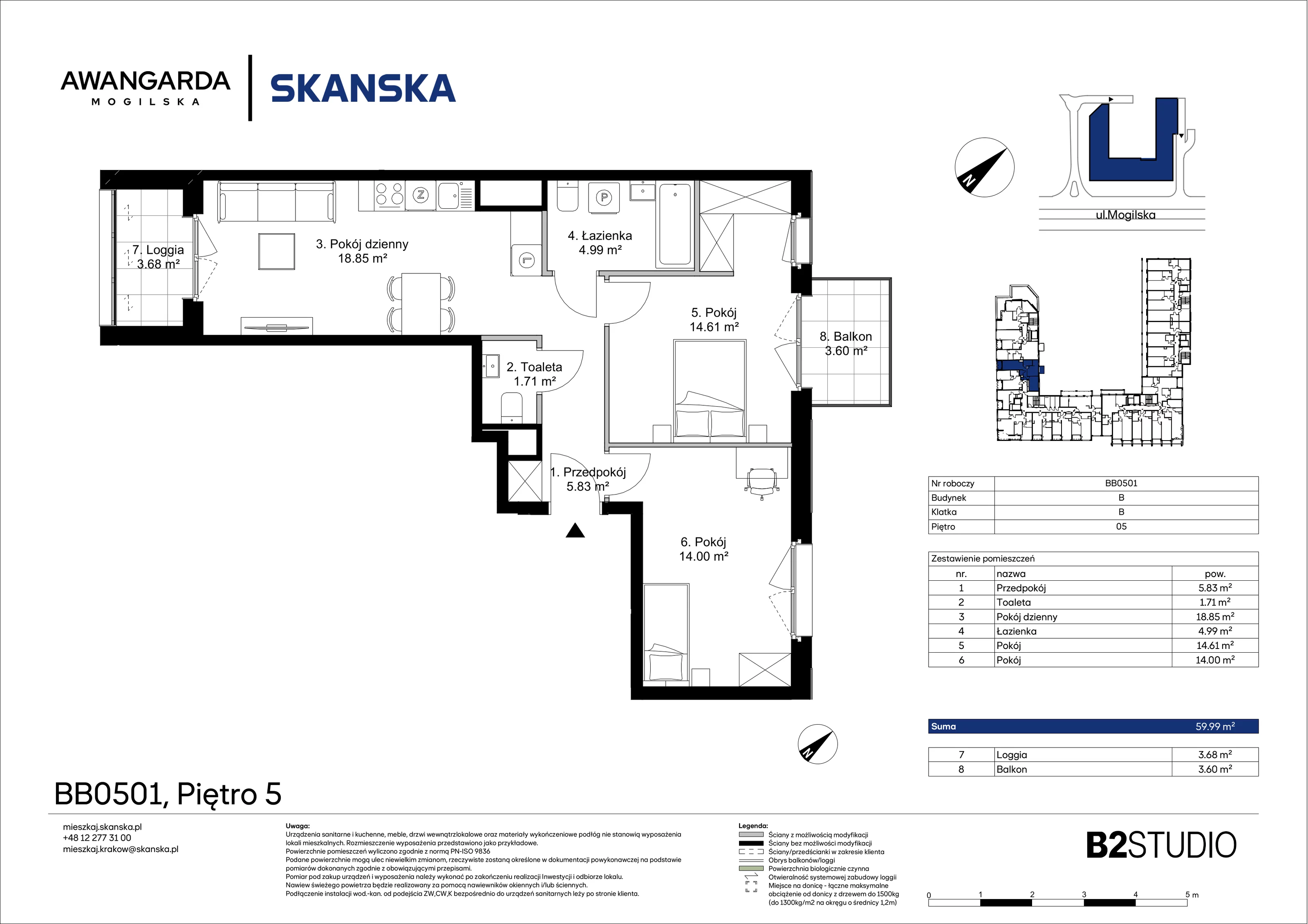 3 pokoje, mieszkanie 59,99 m², piętro 5, oferta nr 1BB0501, Awangarda Mogilska, Kraków, Prądnik Czerwony, Rakowice, ul. Mogilska 126