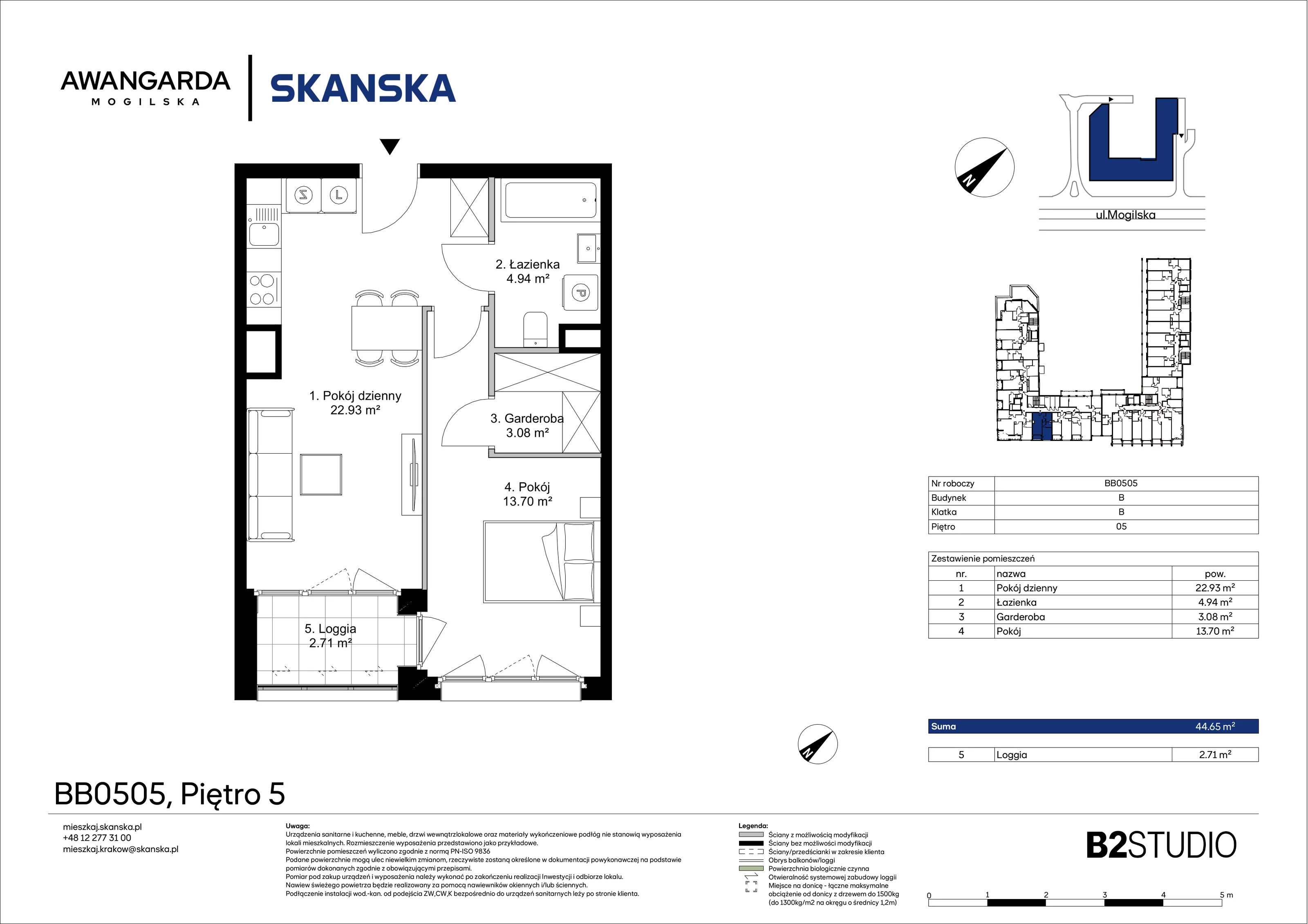 2 pokoje, apartament 44,65 m², piętro 5, oferta nr 1BB0505, Awangarda Mogilska, Kraków, Prądnik Czerwony, Rakowice, ul. Mogilska 126