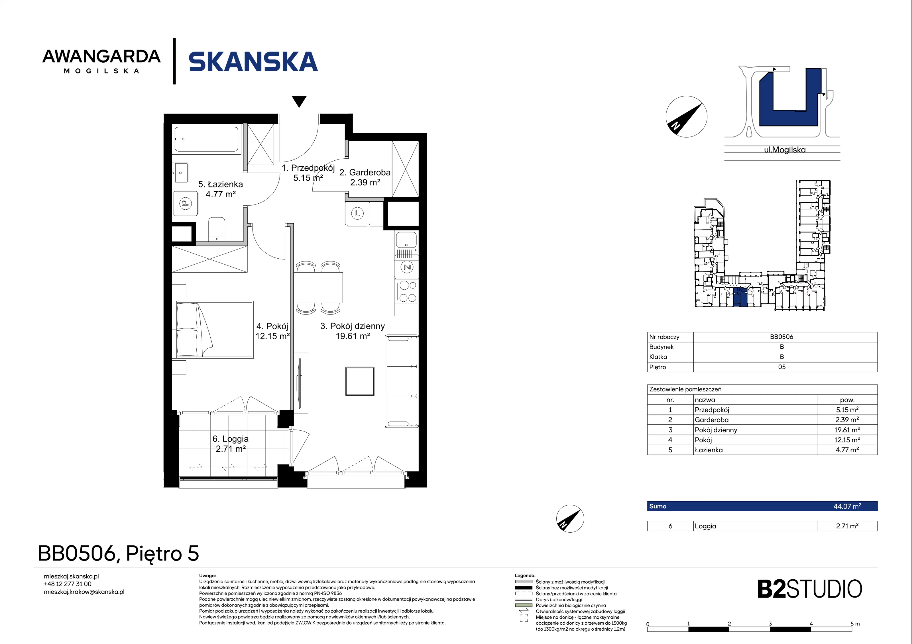 2 pokoje, mieszkanie 44,07 m², piętro 5, oferta nr 1BB0506, Awangarda Mogilska, Kraków, Prądnik Czerwony, Rakowice, ul. Mogilska 126