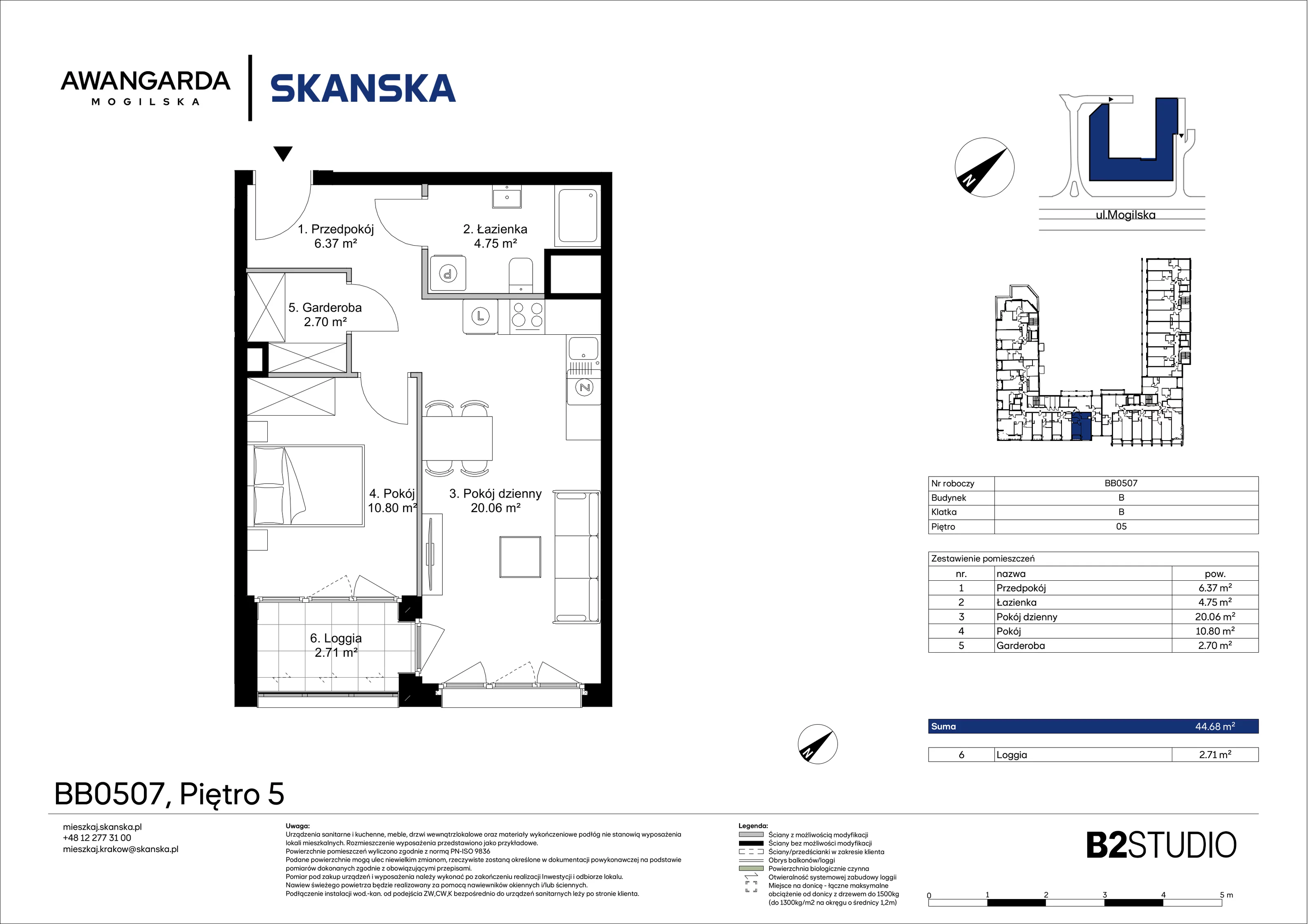 2 pokoje, mieszkanie 44,68 m², piętro 5, oferta nr 1BB0507, Awangarda Mogilska, Kraków, Prądnik Czerwony, Rakowice, ul. Mogilska 126