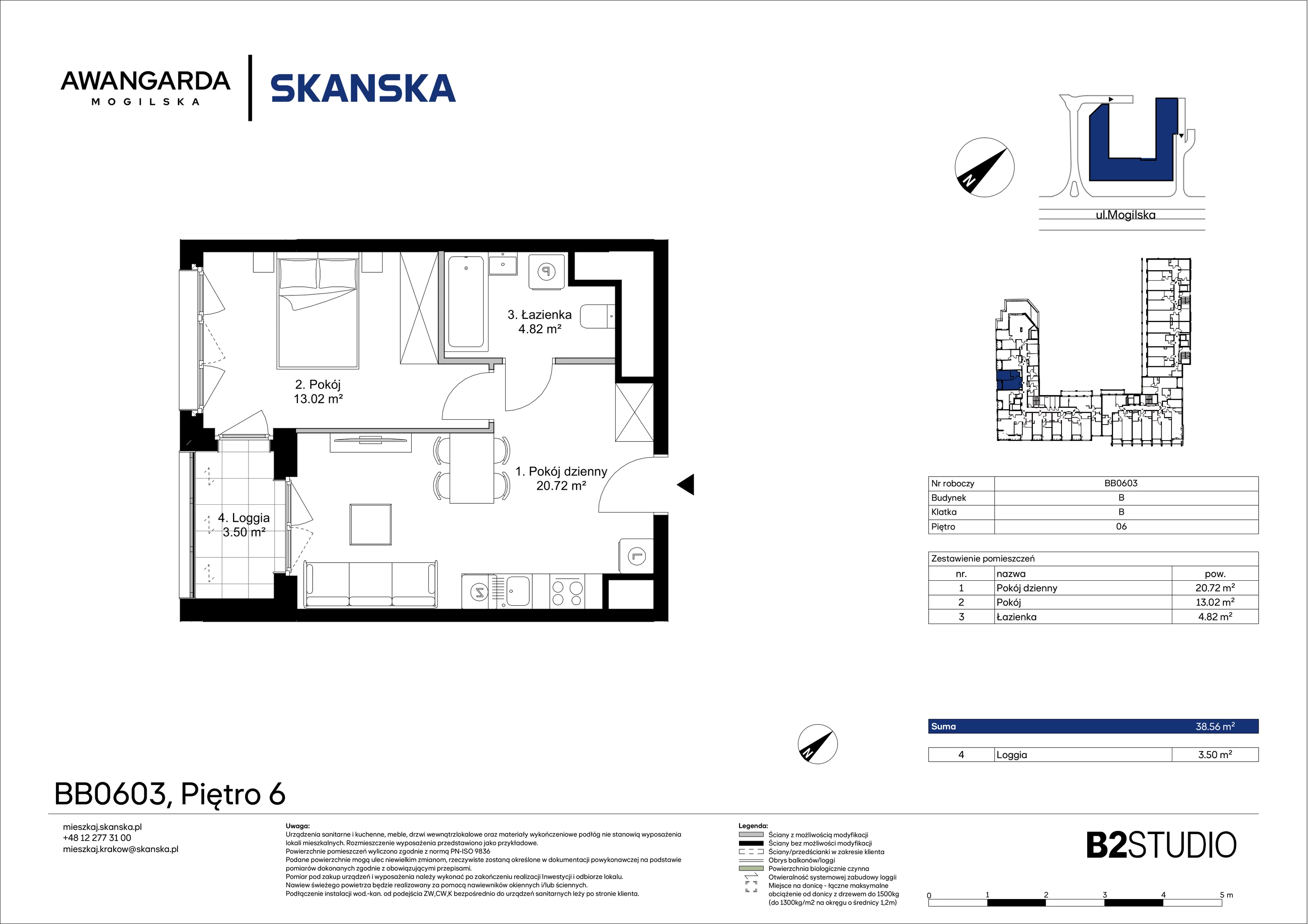 2 pokoje, mieszkanie 38,56 m², piętro 6, oferta nr 1BB0603, Awangarda Mogilska, Kraków, Prądnik Czerwony, Rakowice, ul. Mogilska 126