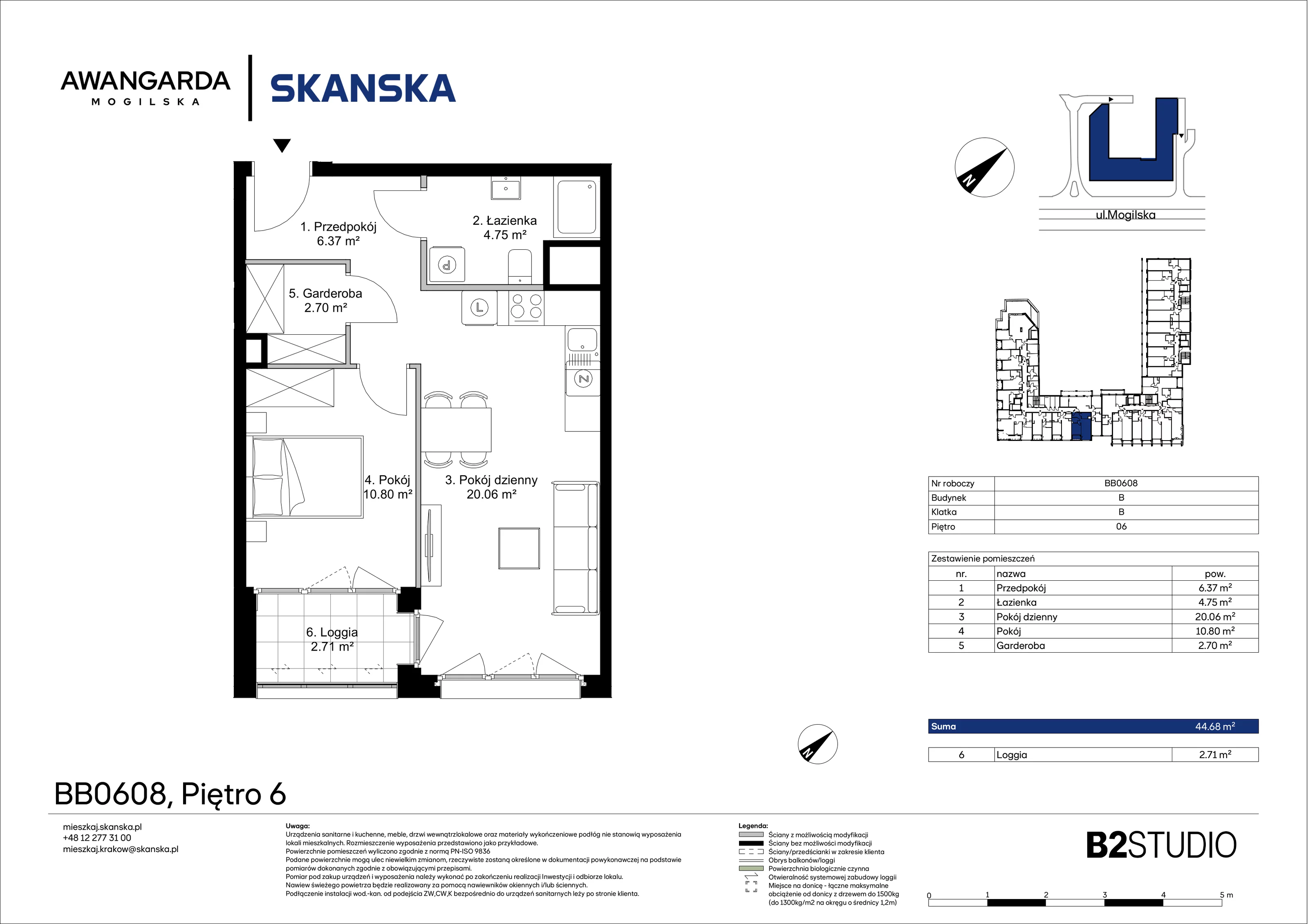 2 pokoje, mieszkanie 44,68 m², piętro 6, oferta nr 1BB0608, Awangarda Mogilska, Kraków, Prądnik Czerwony, Rakowice, ul. Mogilska 126