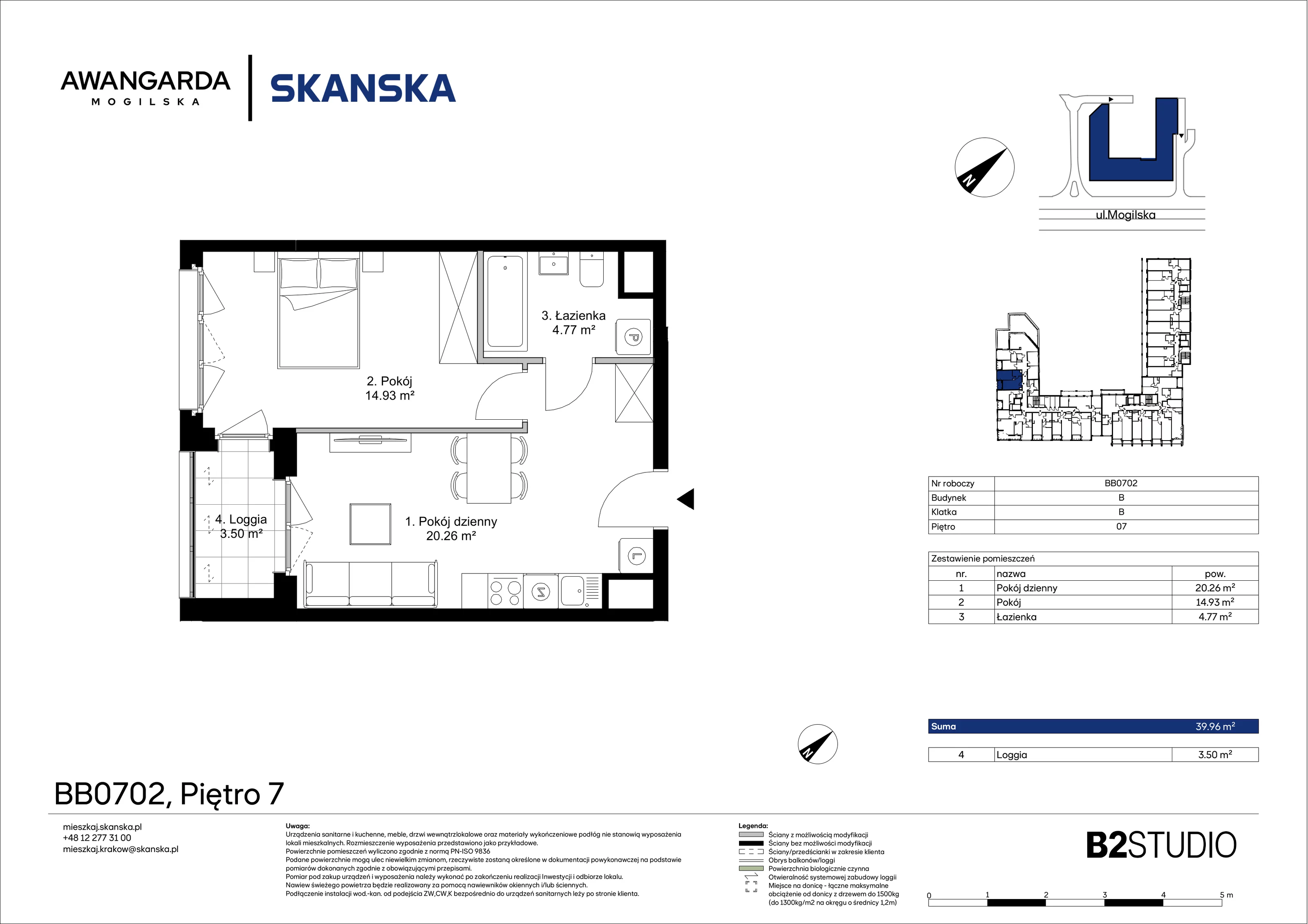 2 pokoje, mieszkanie 39,96 m², piętro 7, oferta nr 1BB0702, Awangarda Mogilska, Kraków, Prądnik Czerwony, Rakowice, ul. Mogilska 126