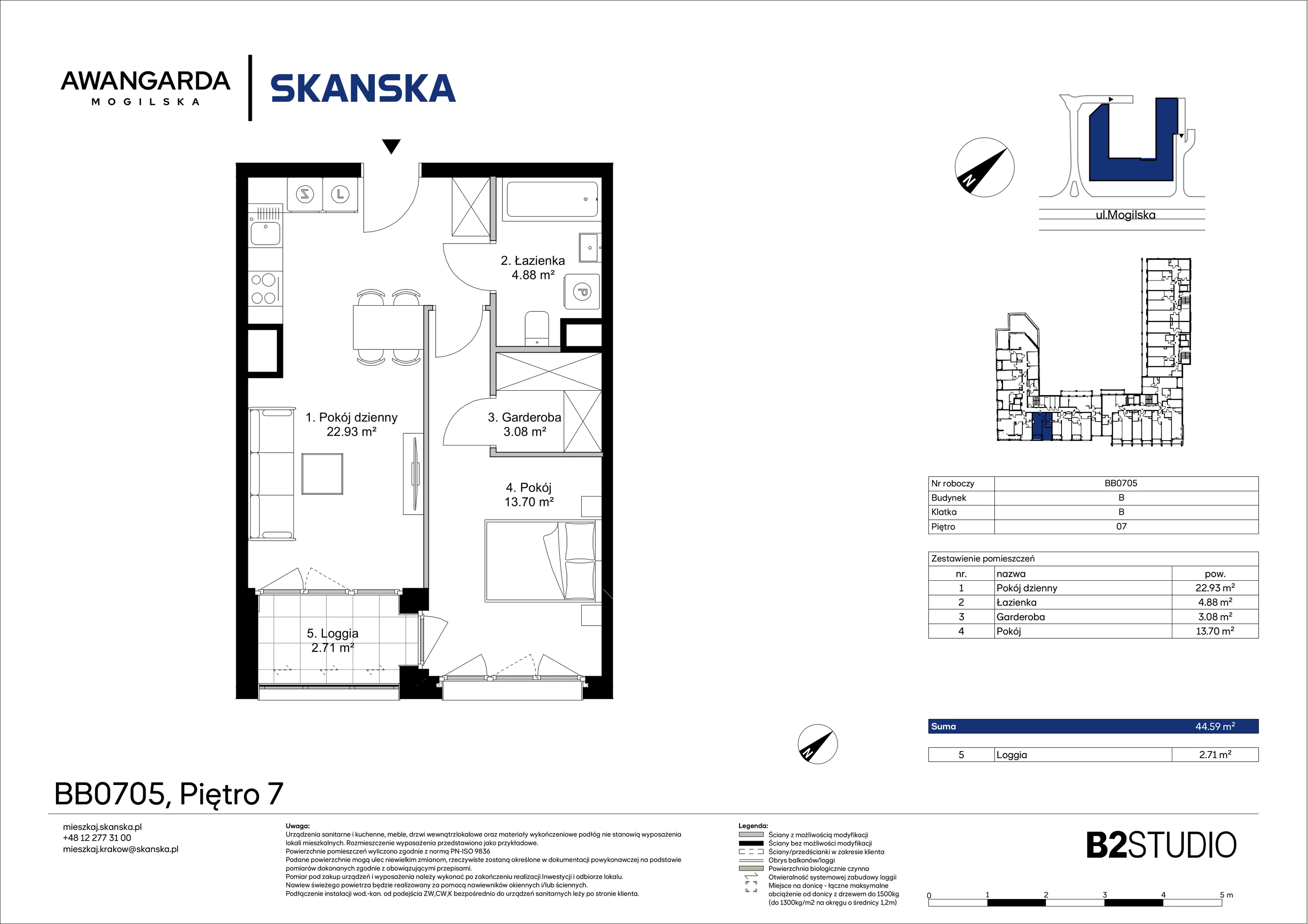 2 pokoje, mieszkanie 44,59 m², piętro 7, oferta nr 1BB0705, Awangarda Mogilska, Kraków, Prądnik Czerwony, Rakowice, ul. Mogilska 126