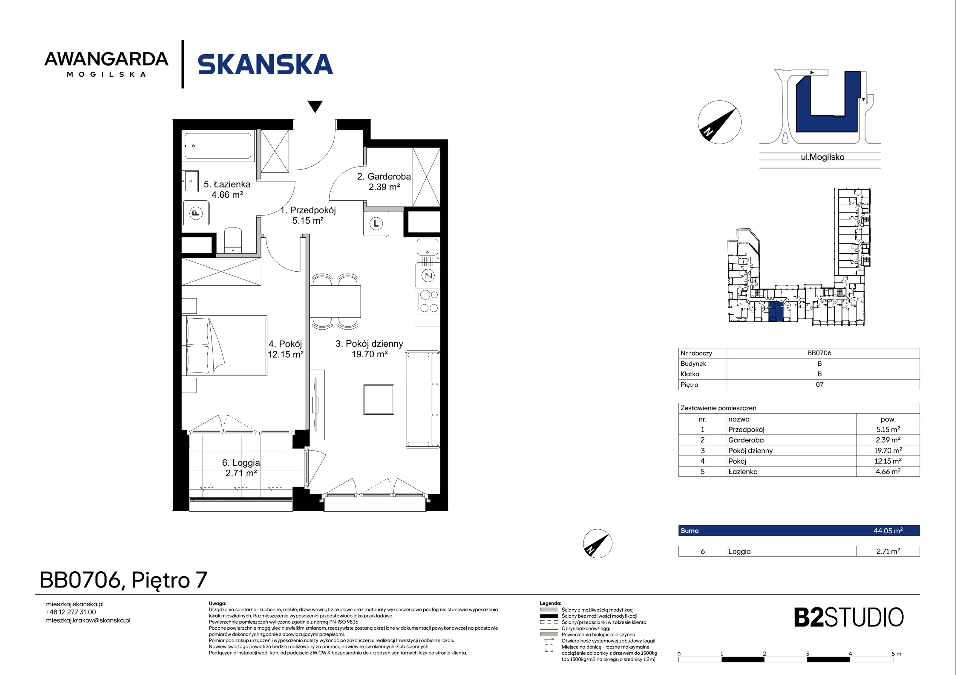 2 pokoje, apartament 44,05 m², piętro 7, oferta nr 1BB0706, Awangarda Mogilska, Kraków, Prądnik Czerwony, Rakowice, ul. Mogilska 126