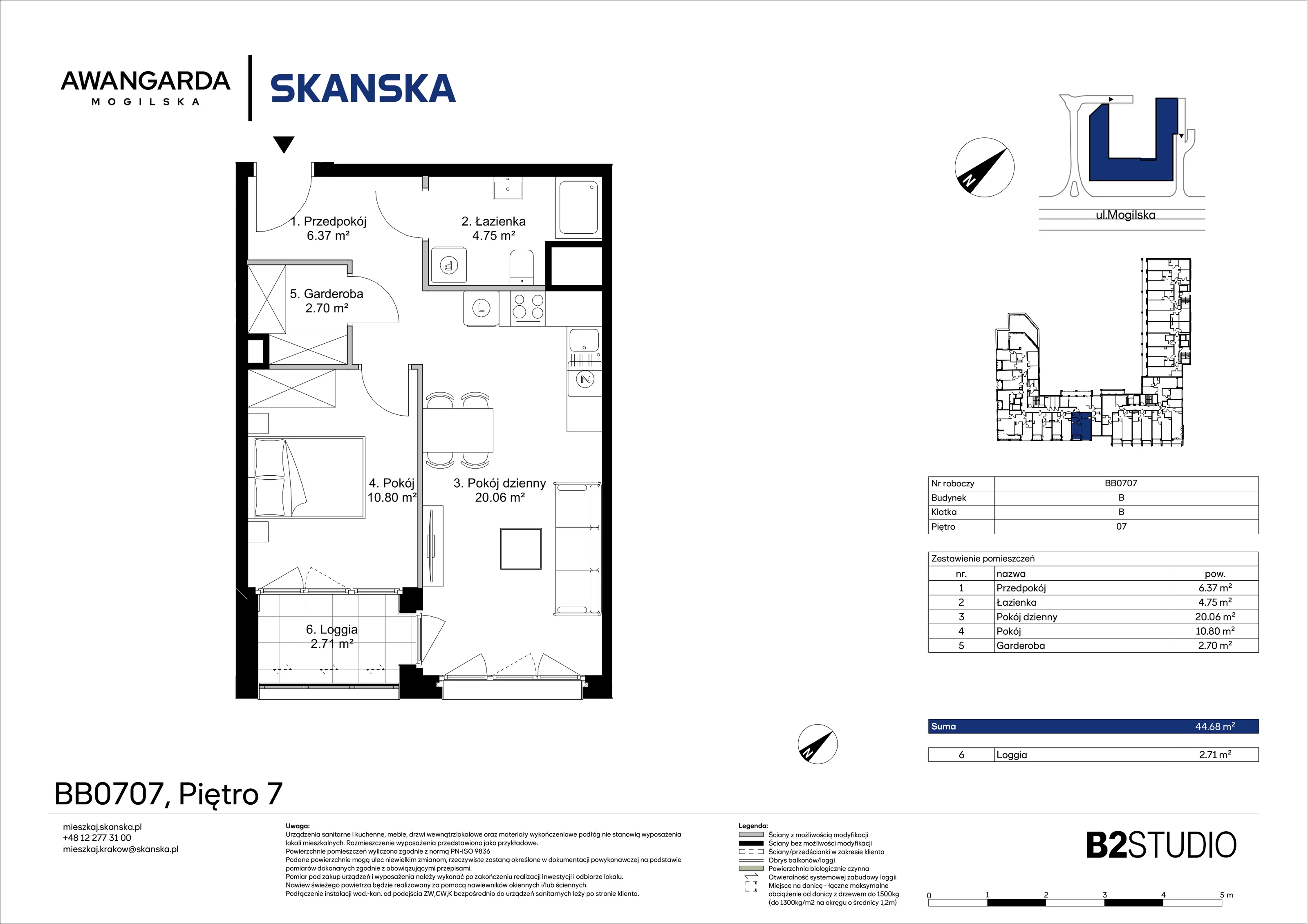 2 pokoje, mieszkanie 44,68 m², piętro 7, oferta nr 1BB0707, Awangarda Mogilska, Kraków, Prądnik Czerwony, Rakowice, ul. Mogilska 126