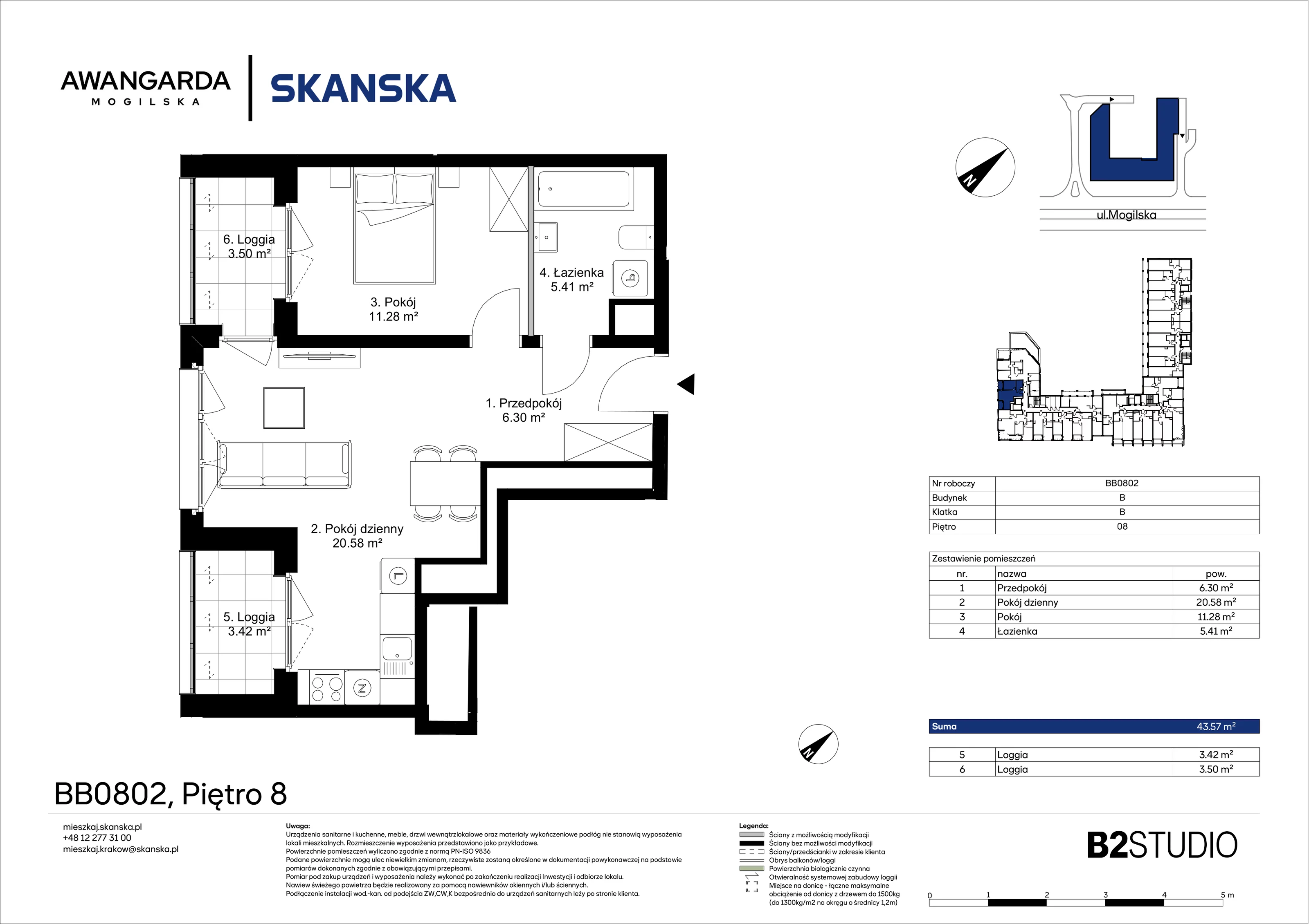 2 pokoje, mieszkanie 43,57 m², piętro 8, oferta nr 1BB0802, Awangarda Mogilska, Kraków, Prądnik Czerwony, Rakowice, ul. Mogilska 126