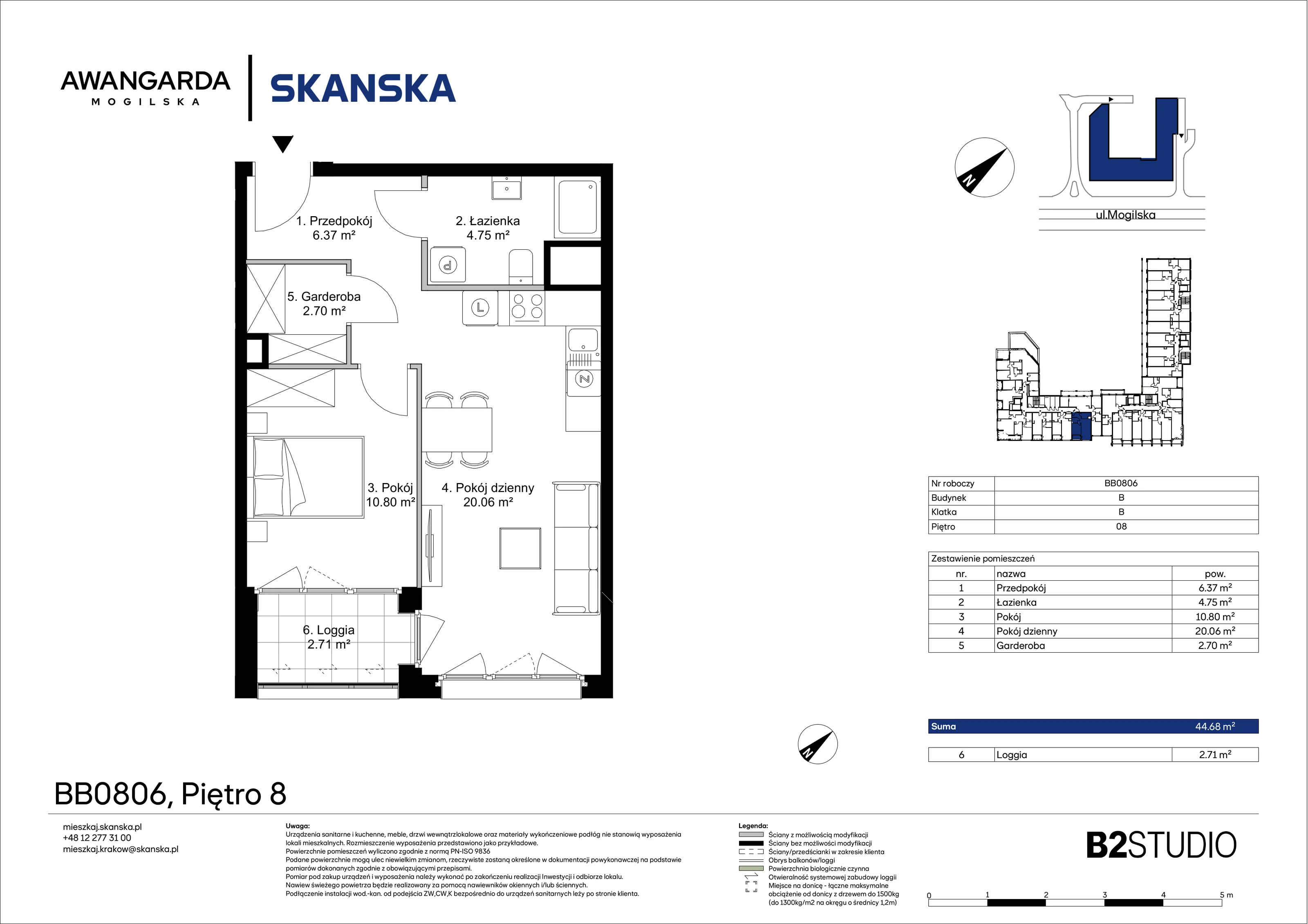 2 pokoje, mieszkanie 44,68 m², piętro 8, oferta nr 1BB0806, Awangarda Mogilska, Kraków, Prądnik Czerwony, Rakowice, ul. Mogilska 126