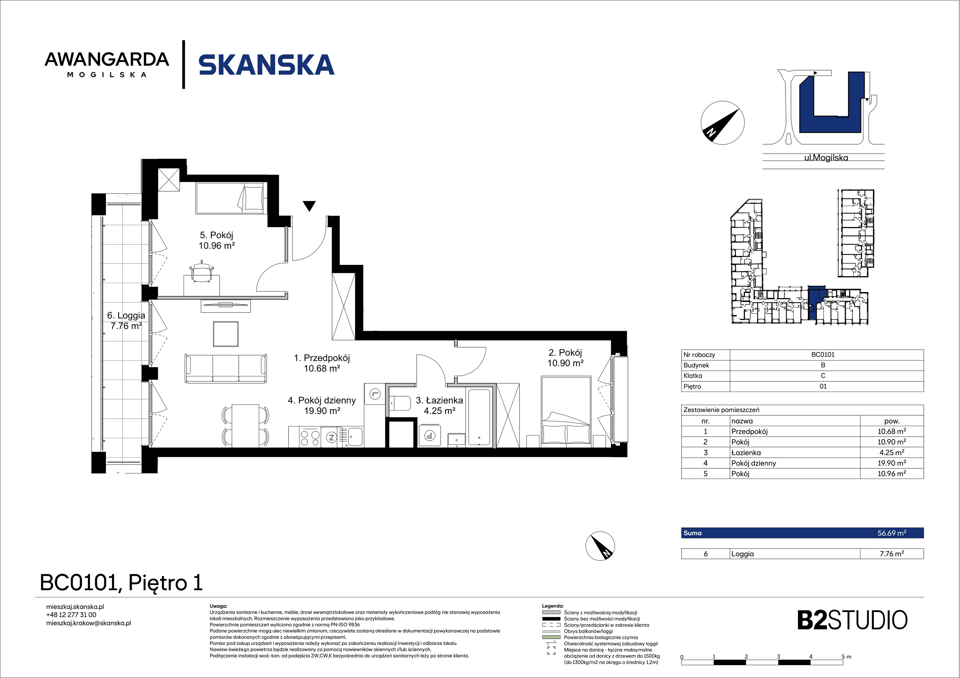 3 pokoje, mieszkanie 56,69 m², piętro 1, oferta nr 1BC0101, Awangarda Mogilska, Kraków, Prądnik Czerwony, Rakowice, ul. Mogilska 126