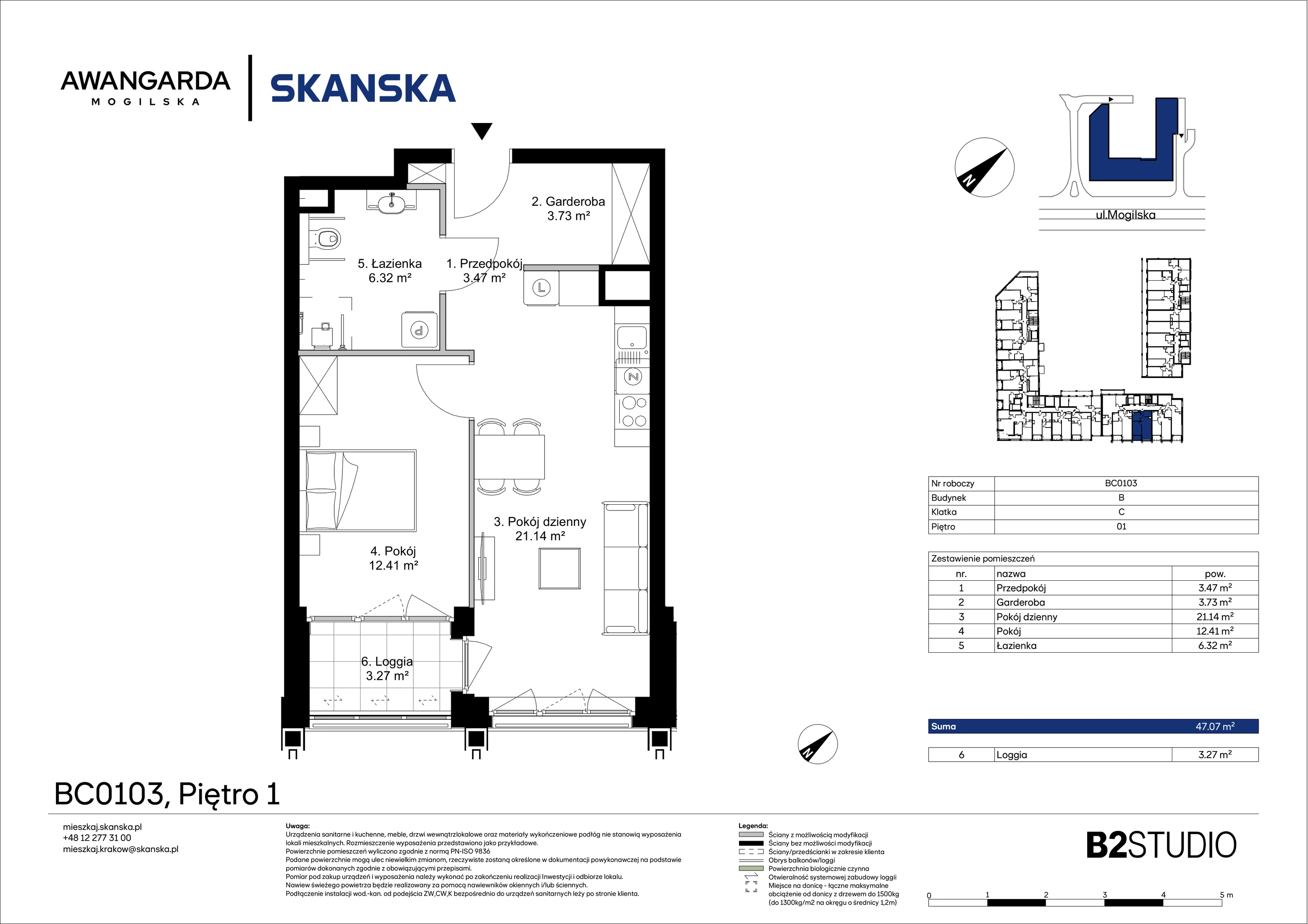 2 pokoje, mieszkanie 47,07 m², piętro 1, oferta nr 1BC0103, Awangarda Mogilska, Kraków, Prądnik Czerwony, Rakowice, ul. Mogilska 126