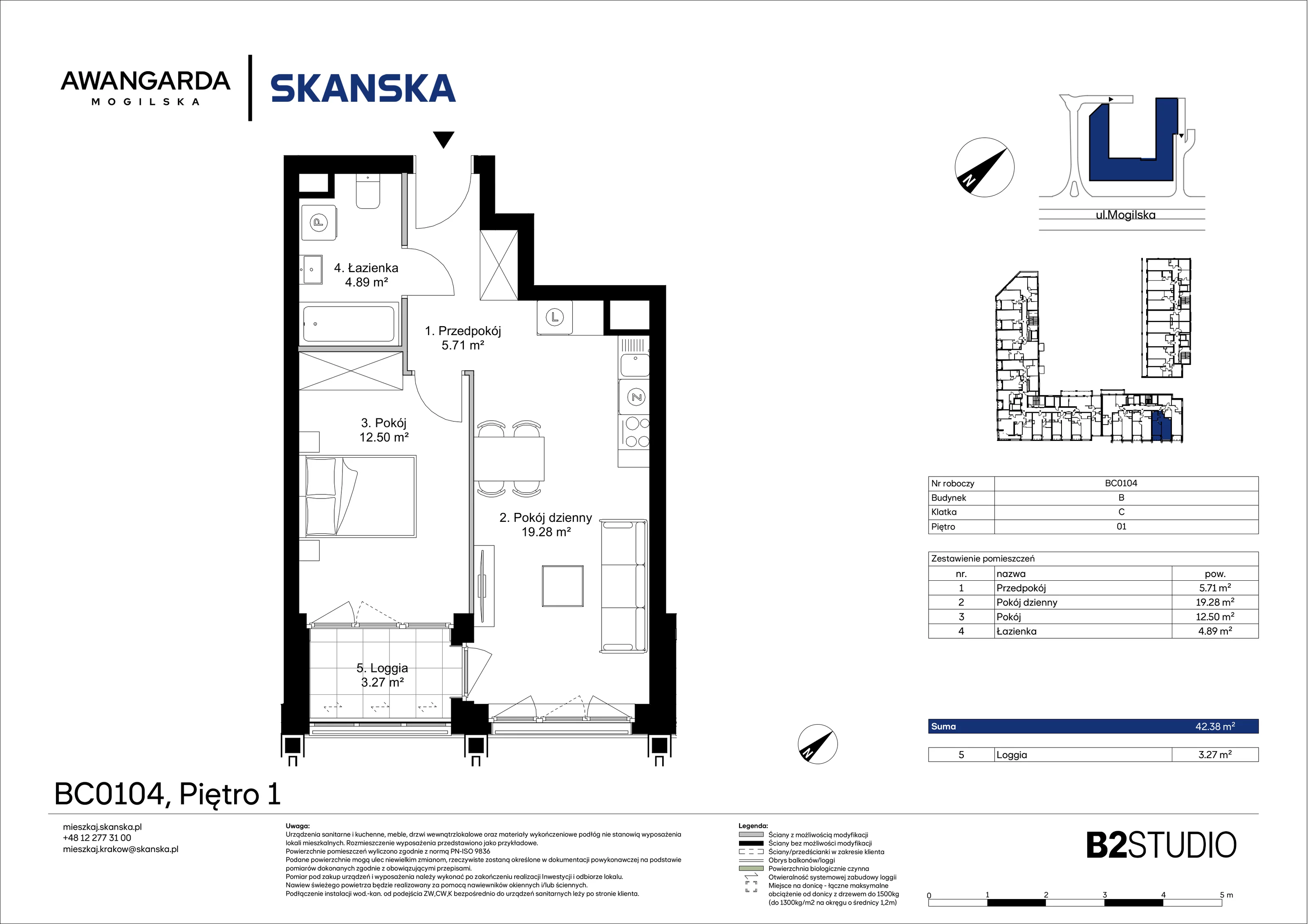 2 pokoje, mieszkanie 42,38 m², piętro 1, oferta nr 1BC0104, Awangarda Mogilska, Kraków, Prądnik Czerwony, Rakowice, ul. Mogilska 126