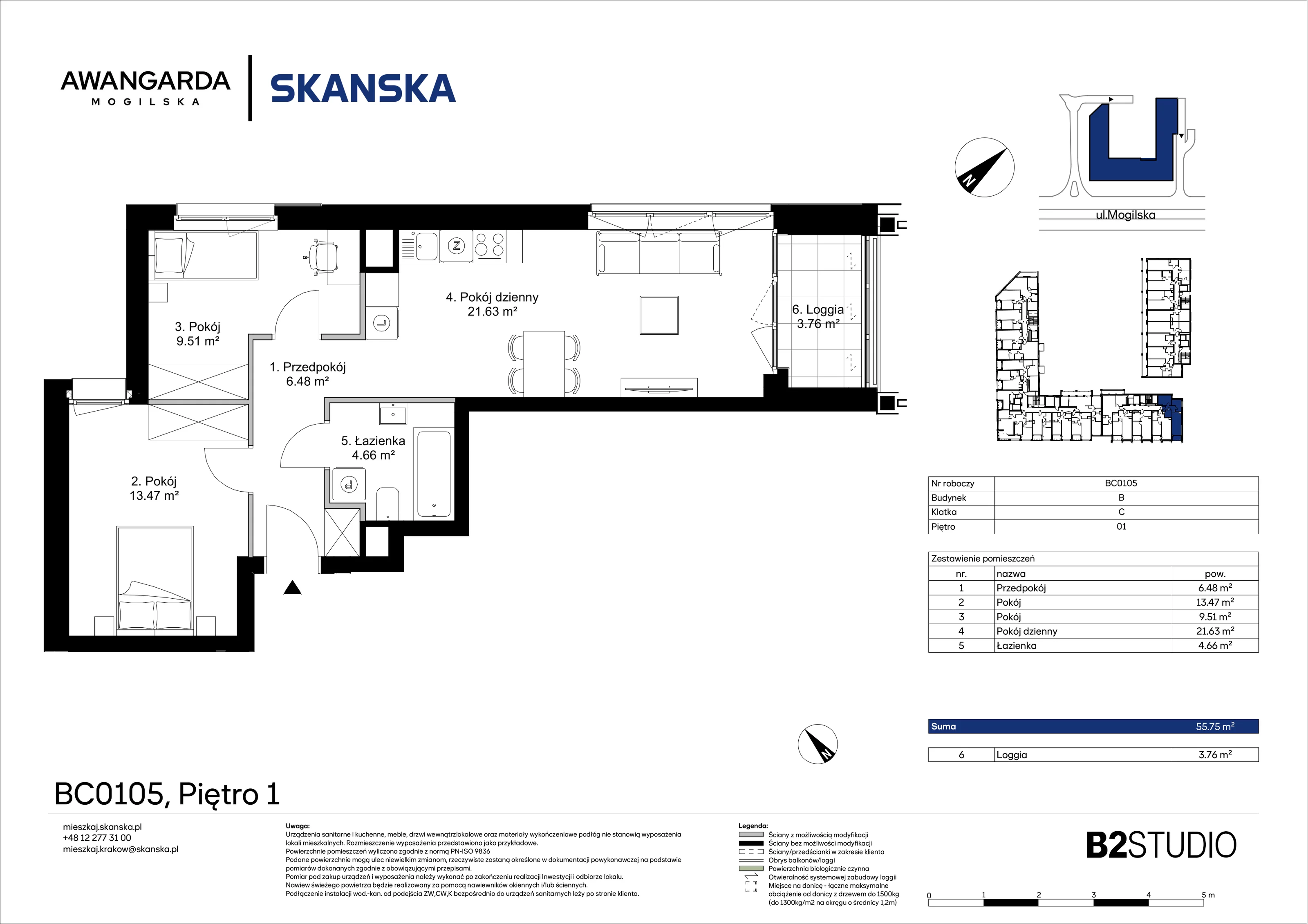 3 pokoje, mieszkanie 55,75 m², piętro 1, oferta nr 1BC0105, Awangarda Mogilska, Kraków, Prądnik Czerwony, Rakowice, ul. Mogilska 126