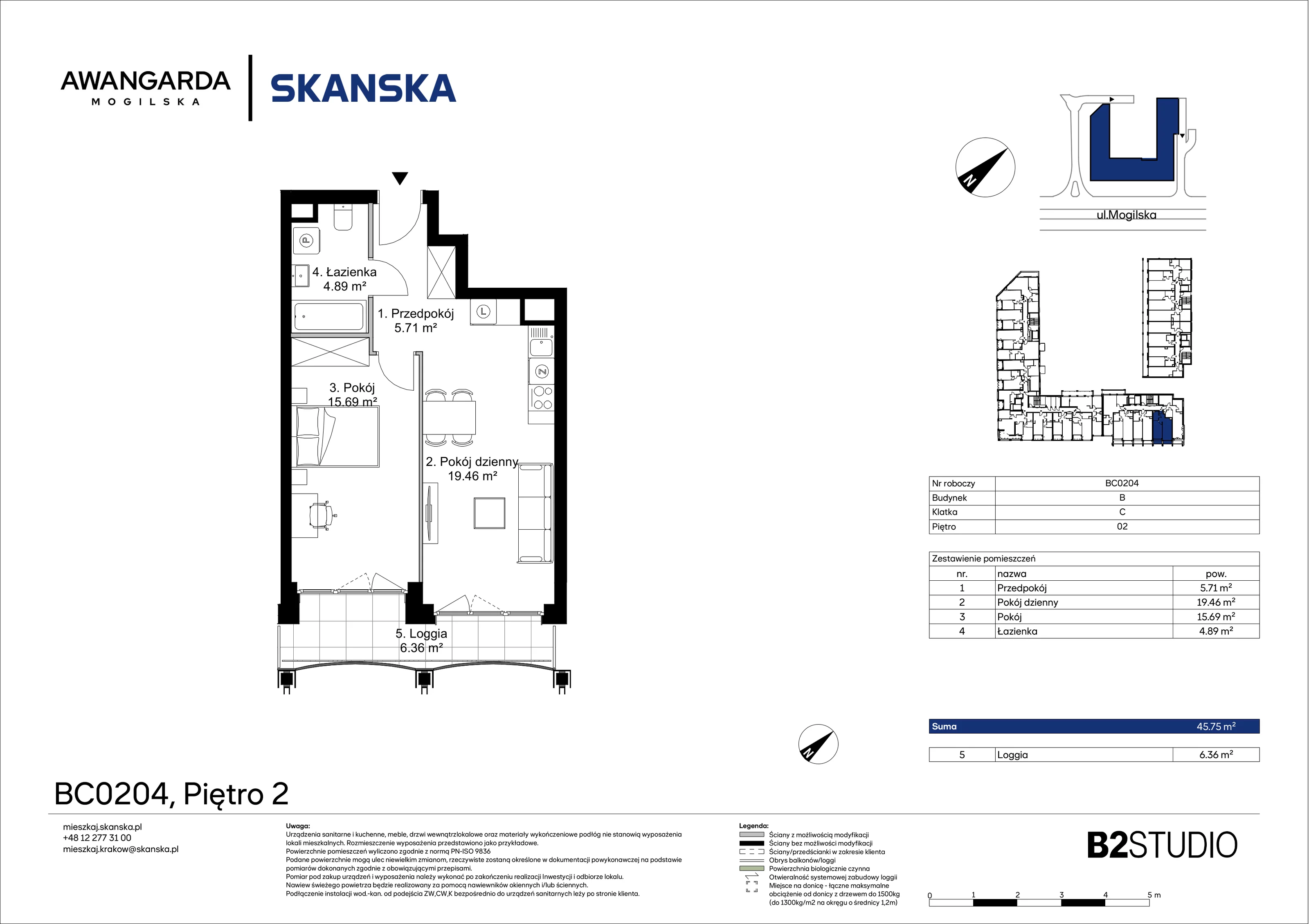 2 pokoje, mieszkanie 45,75 m², piętro 2, oferta nr 1BC0204, Awangarda Mogilska, Kraków, Prądnik Czerwony, Rakowice, ul. Mogilska 126