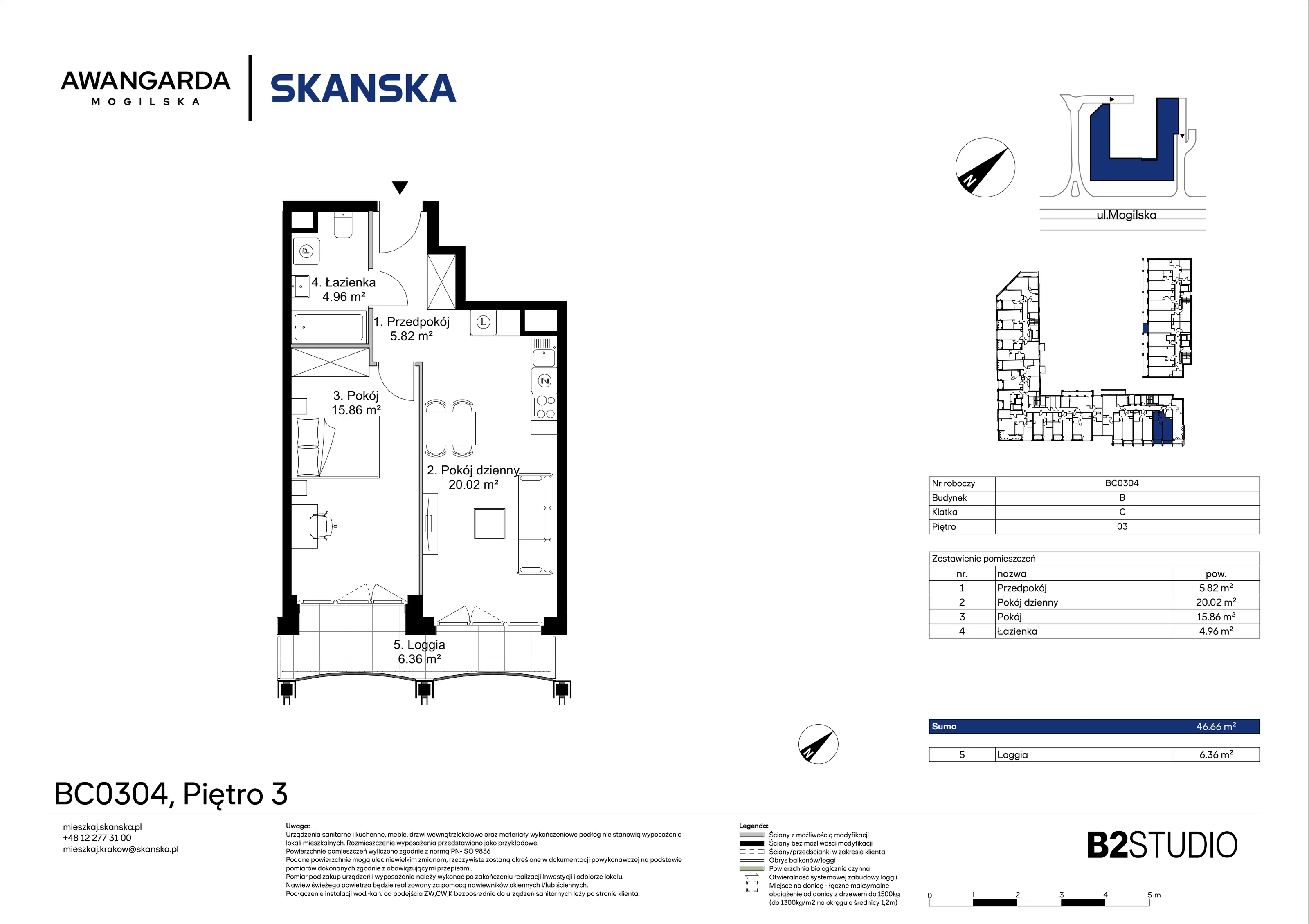 2 pokoje, mieszkanie 46,66 m², piętro 3, oferta nr 1BC0304, Awangarda Mogilska, Kraków, Prądnik Czerwony, Rakowice, ul. Mogilska 126