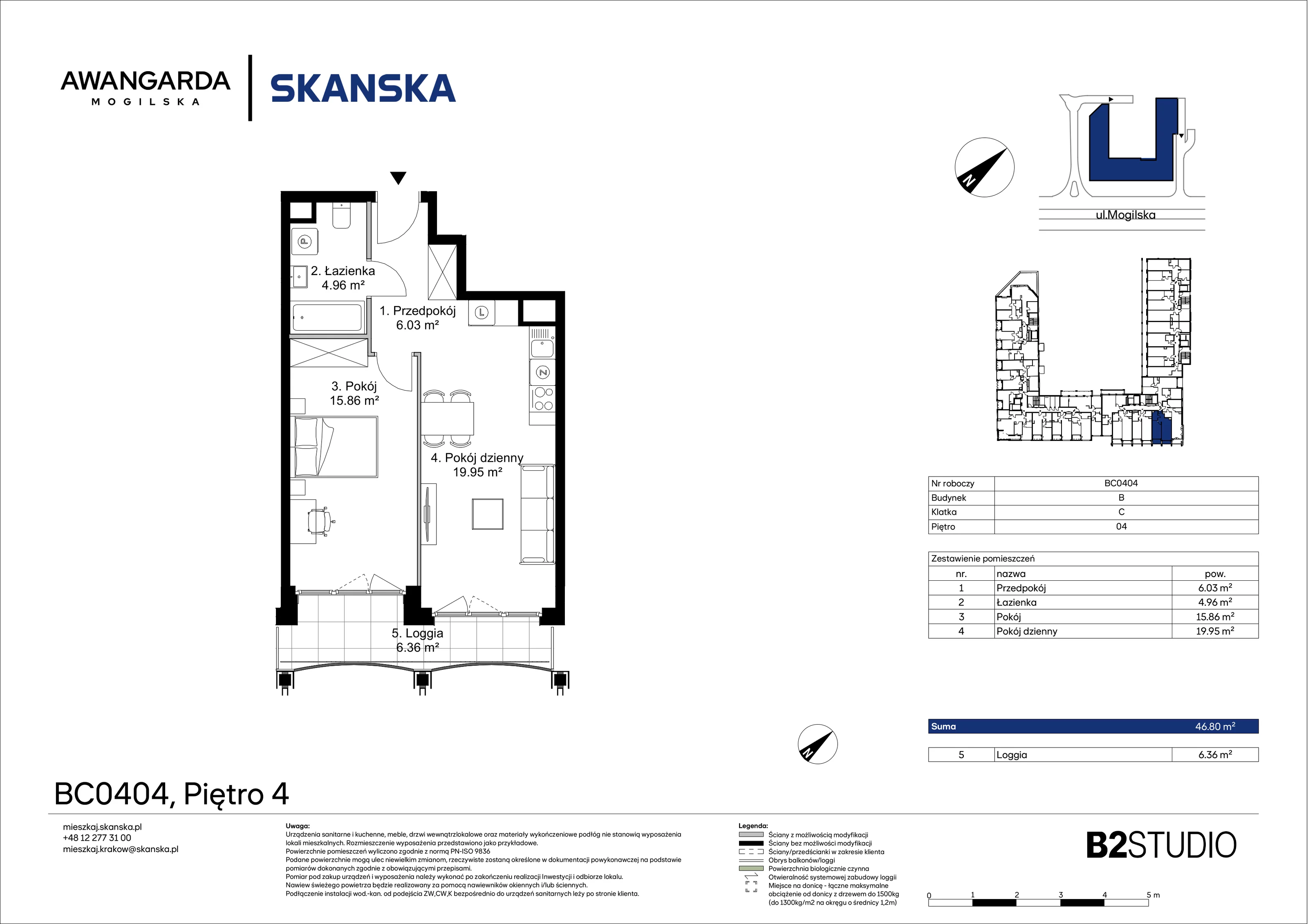 2 pokoje, mieszkanie 46,80 m², piętro 4, oferta nr 1BC0404, Awangarda Mogilska, Kraków, Prądnik Czerwony, Rakowice, ul. Mogilska 126