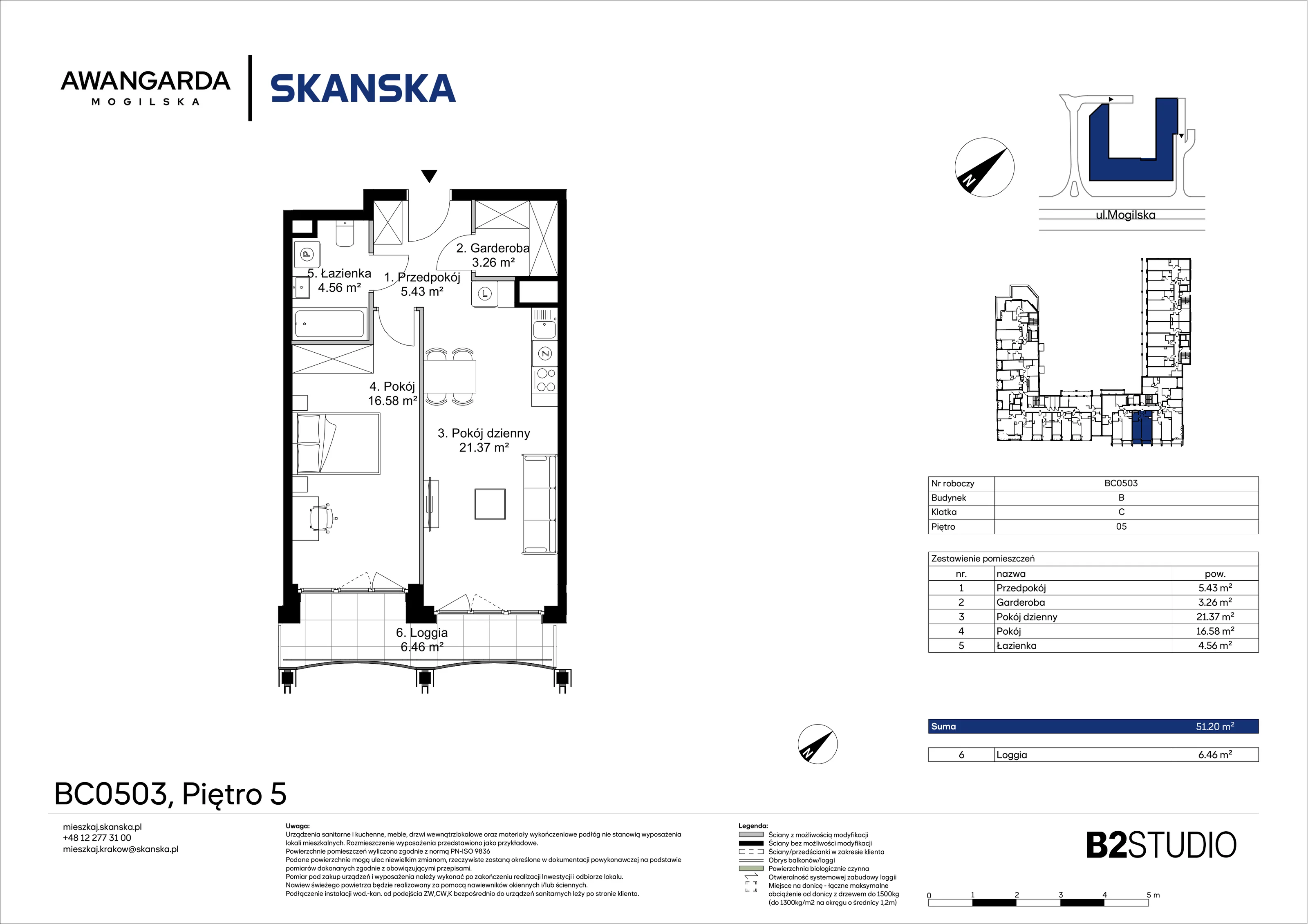 2 pokoje, mieszkanie 51,20 m², piętro 5, oferta nr 1BC0503, Awangarda Mogilska, Kraków, Prądnik Czerwony, Rakowice, ul. Mogilska 126