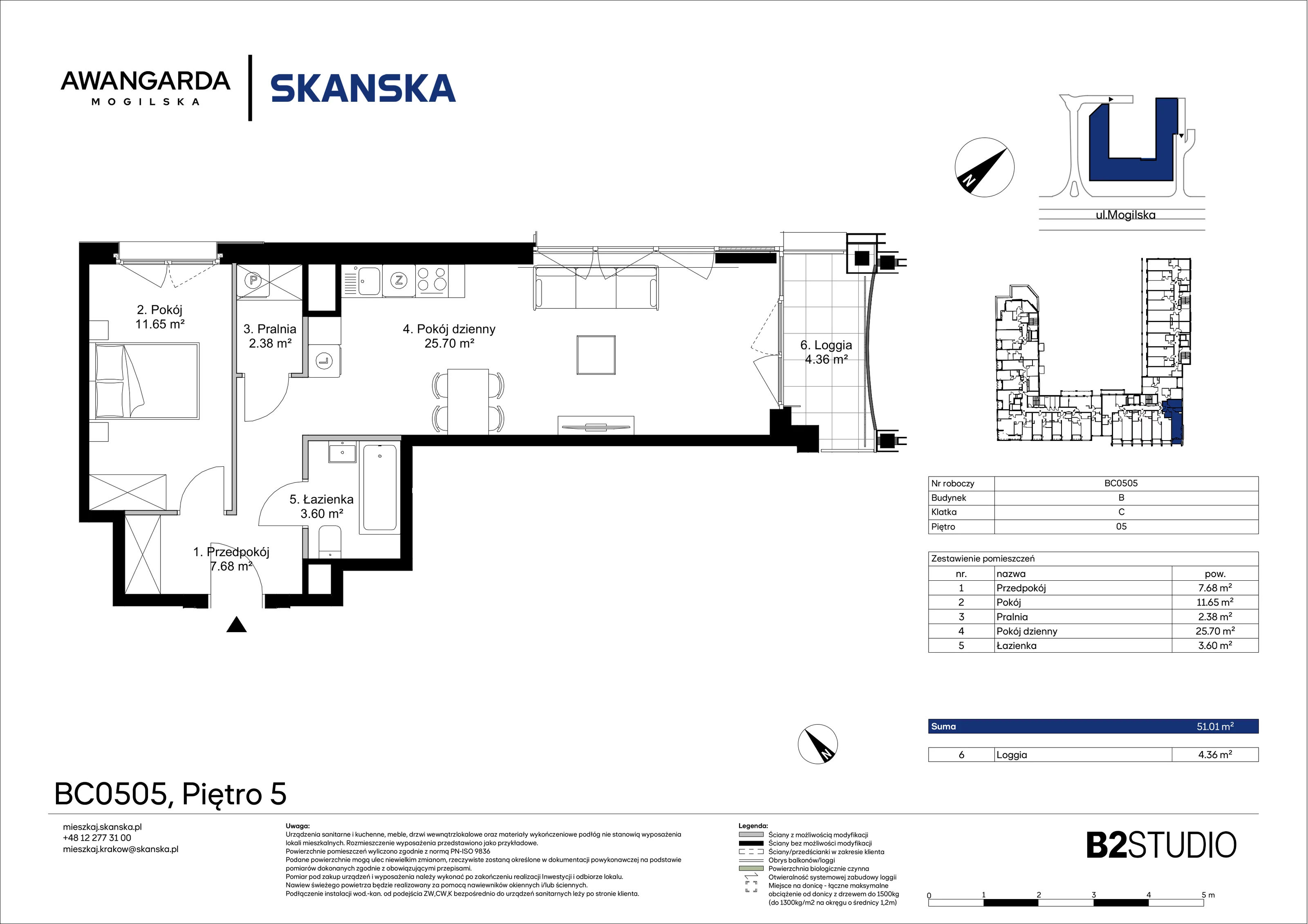 2 pokoje, mieszkanie 51,01 m², piętro 5, oferta nr 1BC0505, Awangarda Mogilska, Kraków, Prądnik Czerwony, Rakowice, ul. Mogilska 126