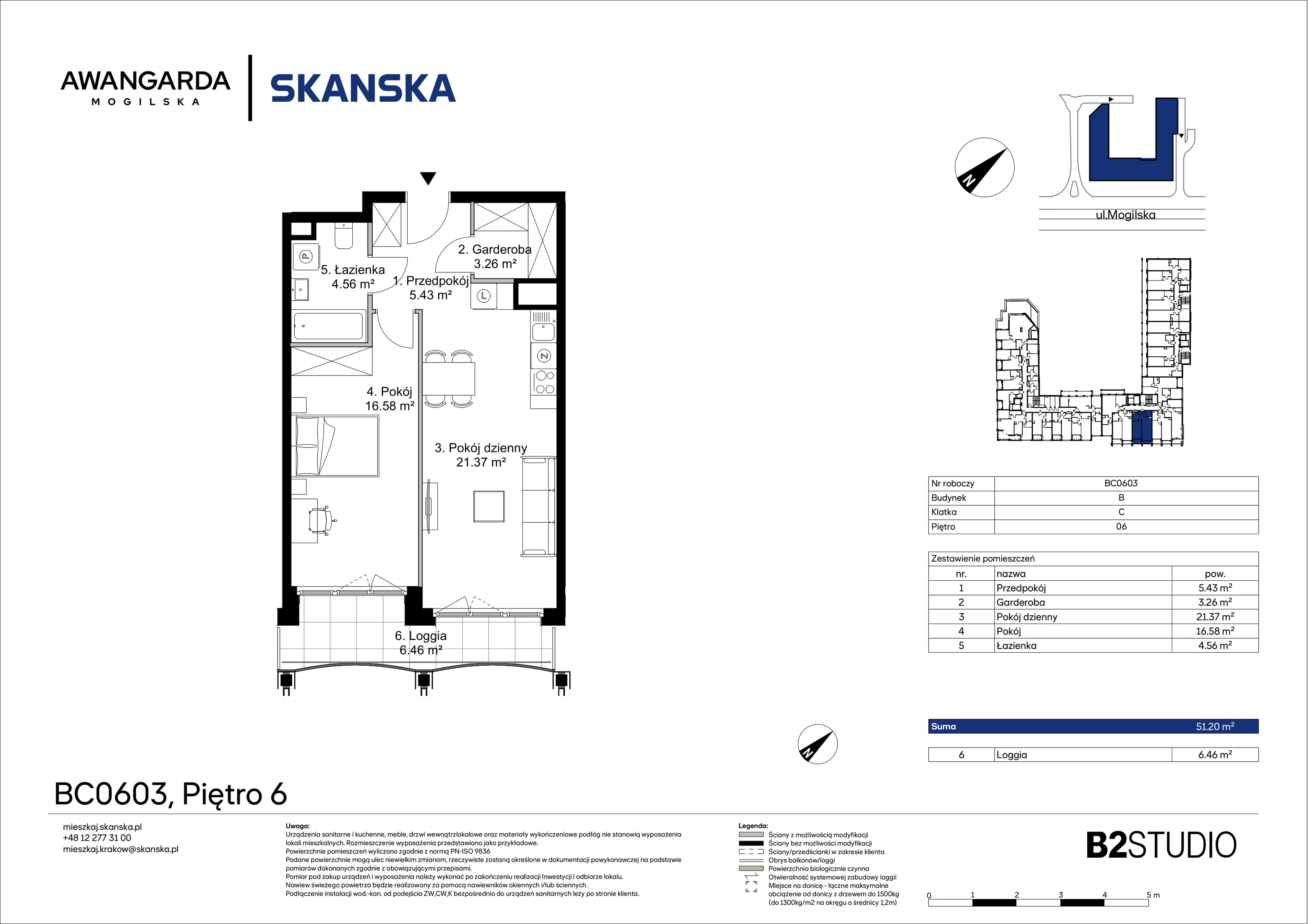 2 pokoje, mieszkanie 51,20 m², piętro 6, oferta nr 1BC0603, Awangarda Mogilska, Kraków, Prądnik Czerwony, Rakowice, ul. Mogilska 126