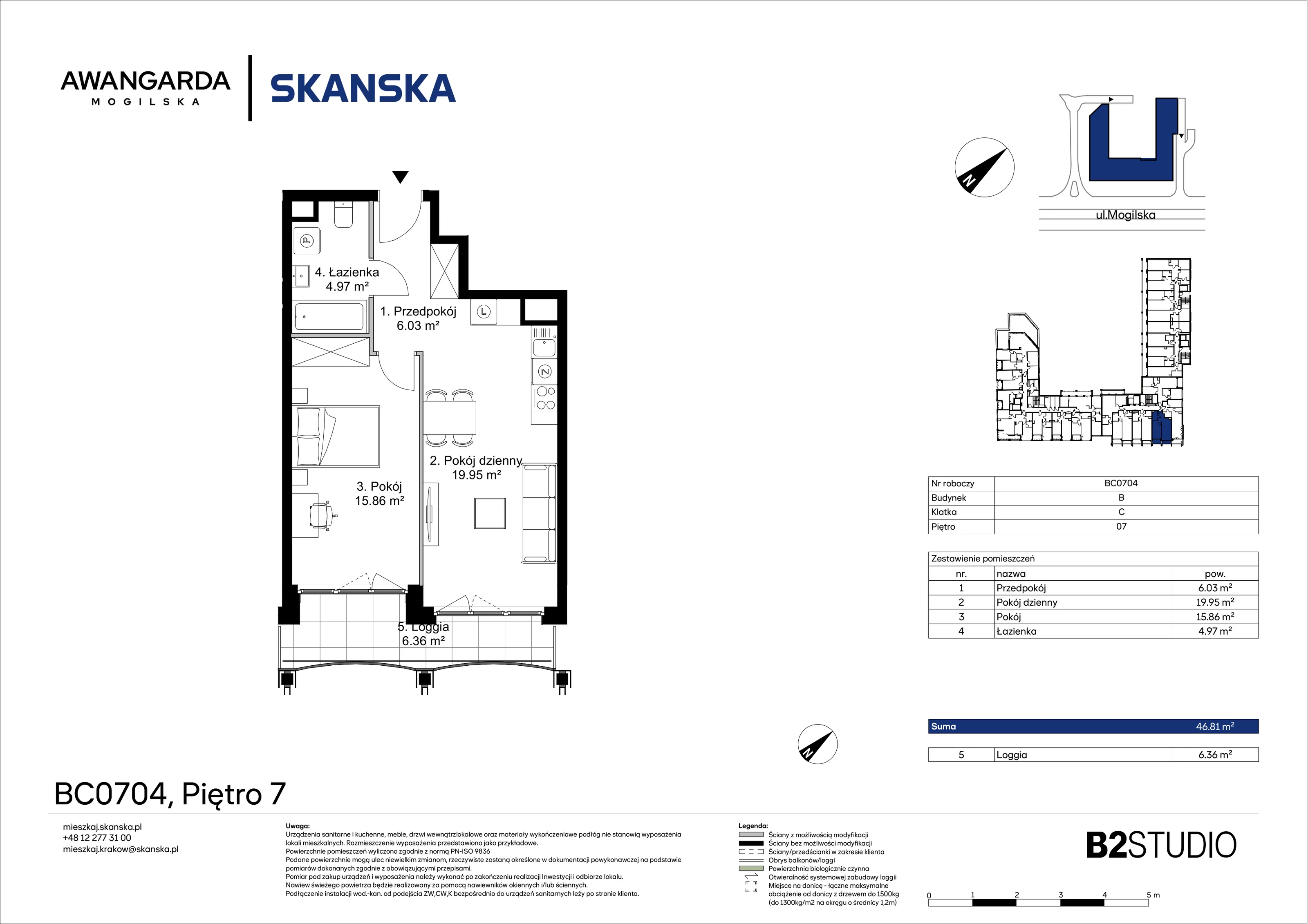 2 pokoje, mieszkanie 46,81 m², piętro 7, oferta nr 1BC0704, Awangarda Mogilska, Kraków, Prądnik Czerwony, Rakowice, ul. Mogilska 126