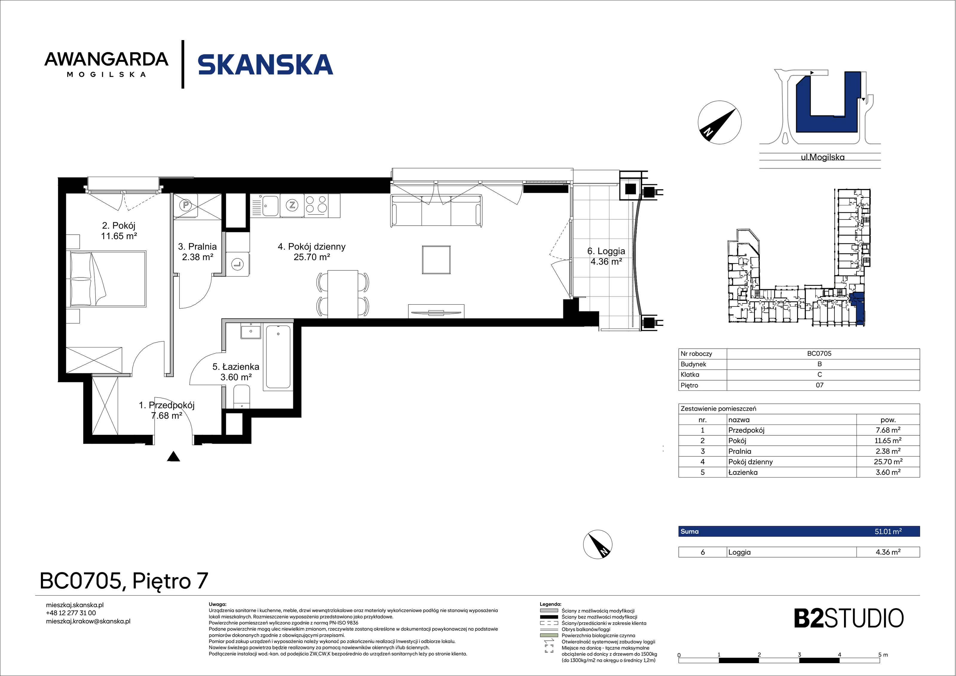 2 pokoje, apartament 51,01 m², piętro 7, oferta nr 1BC0705, Awangarda Mogilska, Kraków, Prądnik Czerwony, Rakowice, ul. Mogilska 126